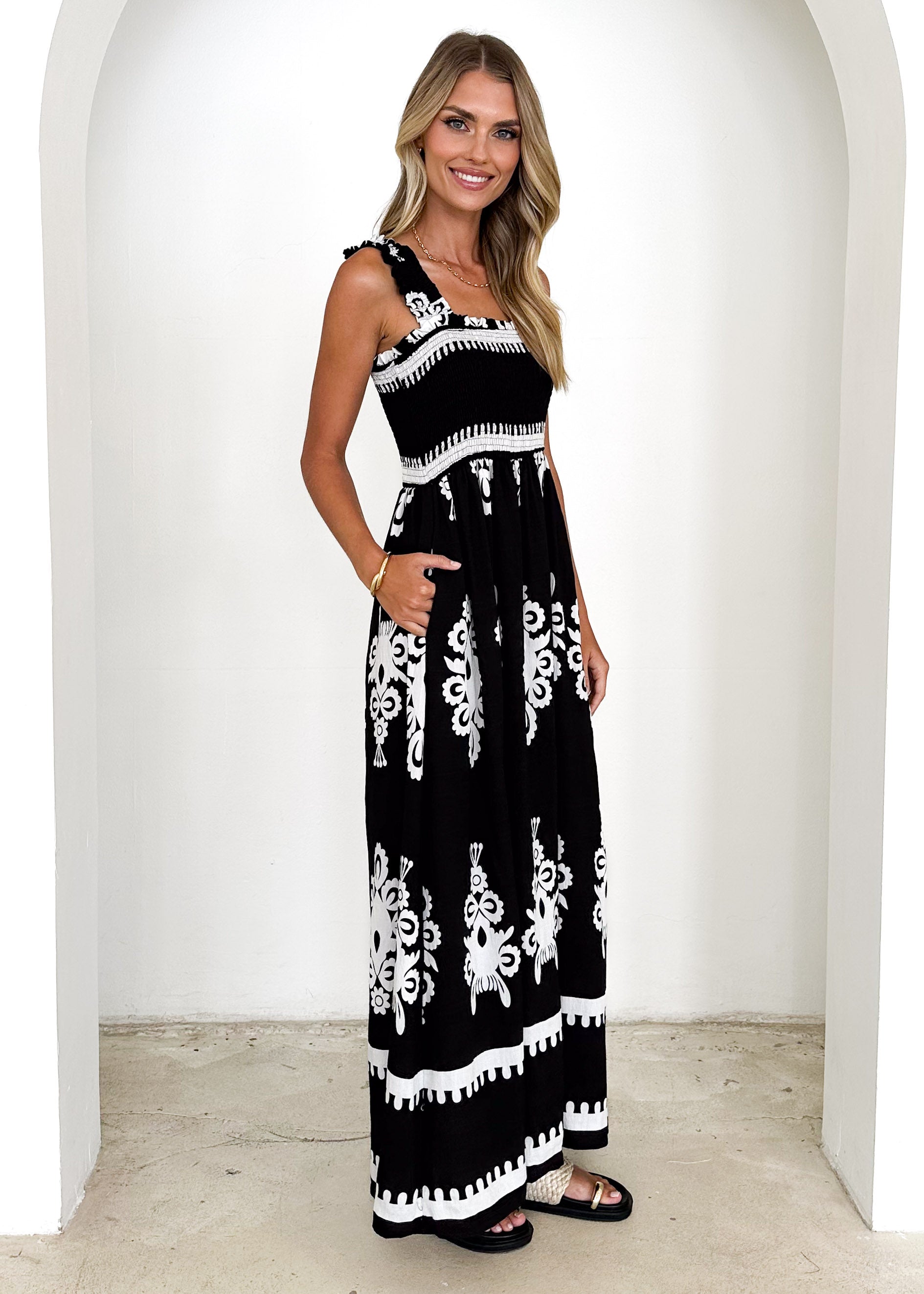 Arana Maxi Dress - Black Abstract