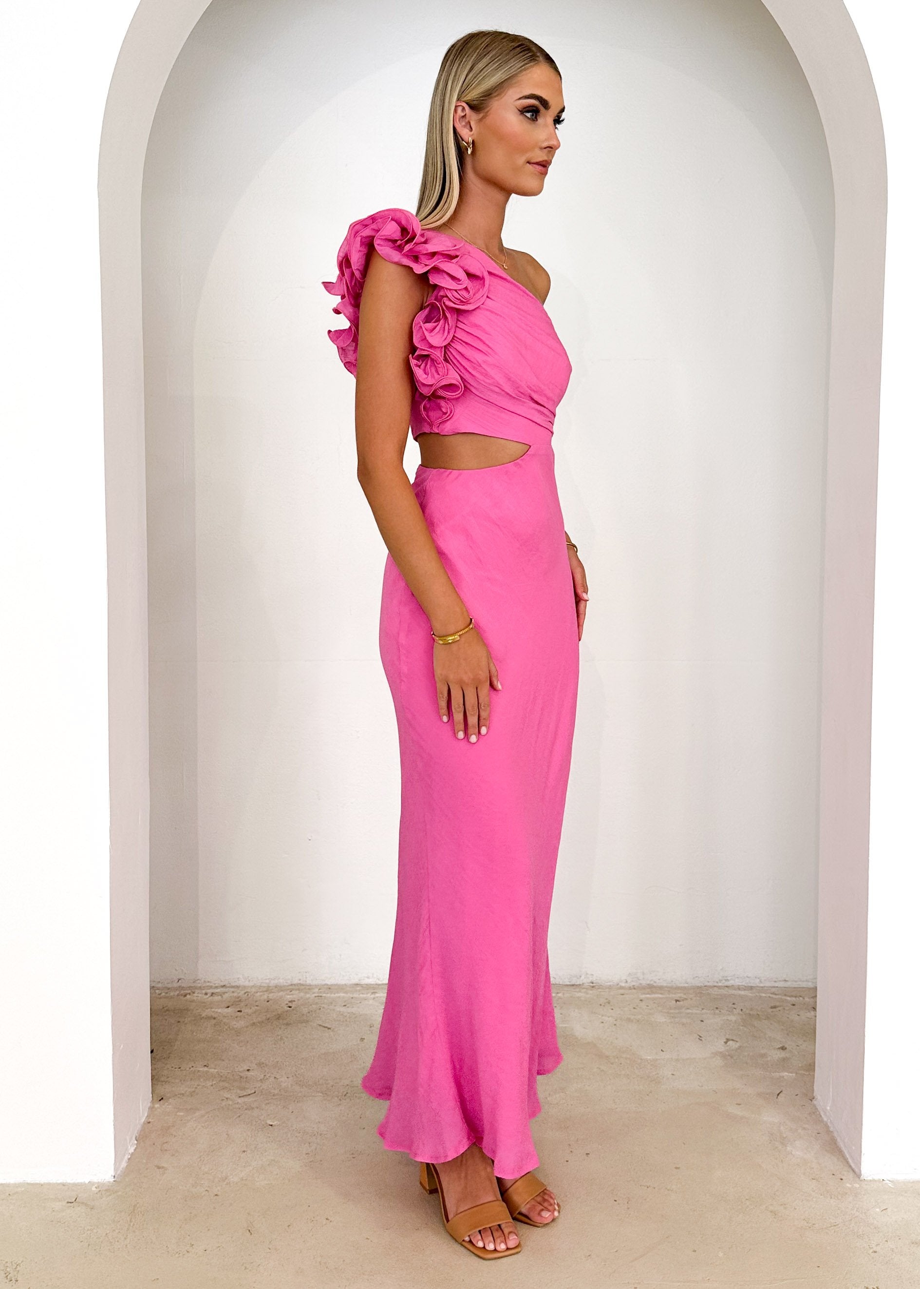 Azra One Shoulder Midi Dress - Hot Pink