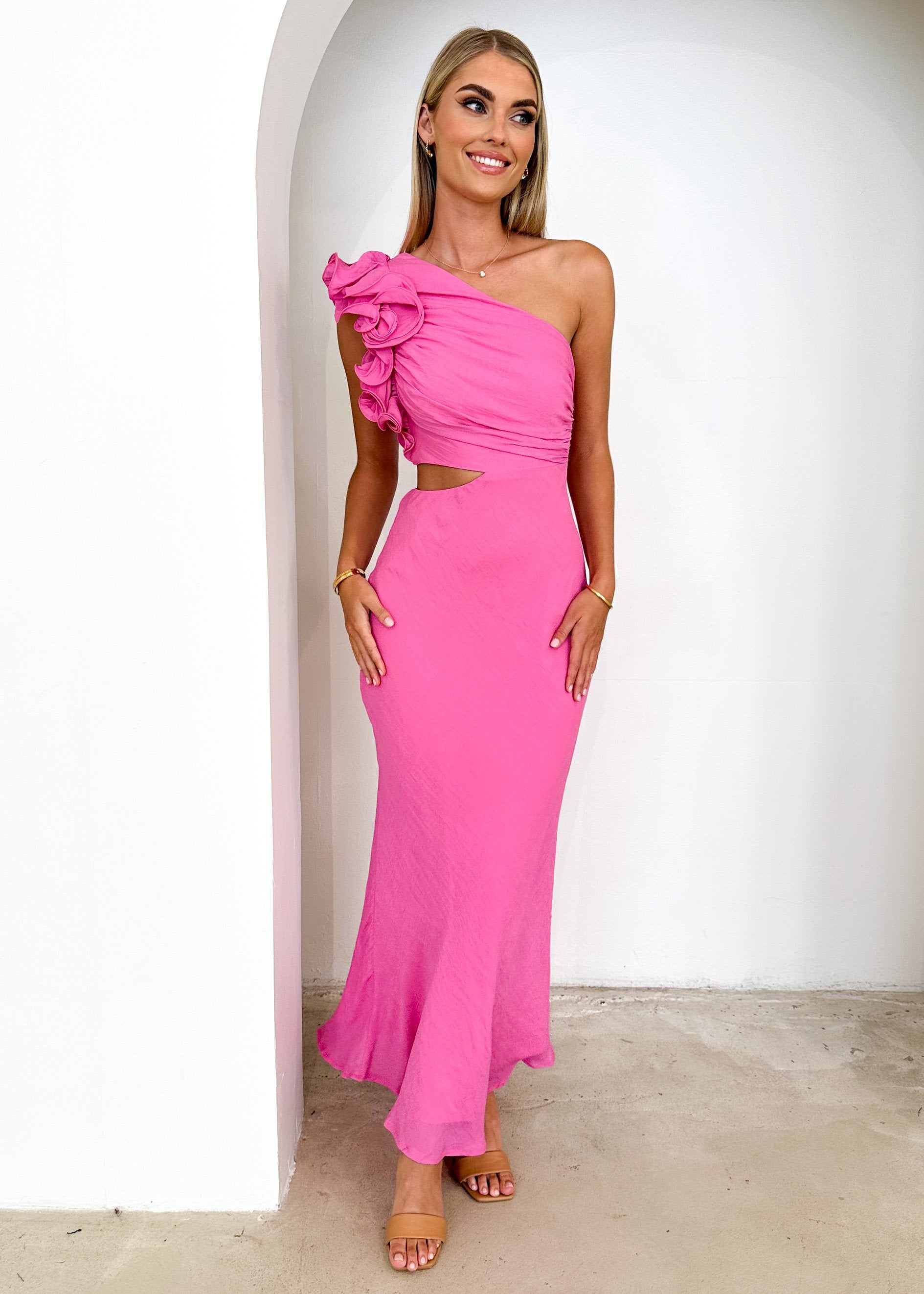 Azra One Shoulder Midi Dress - Hot Pink