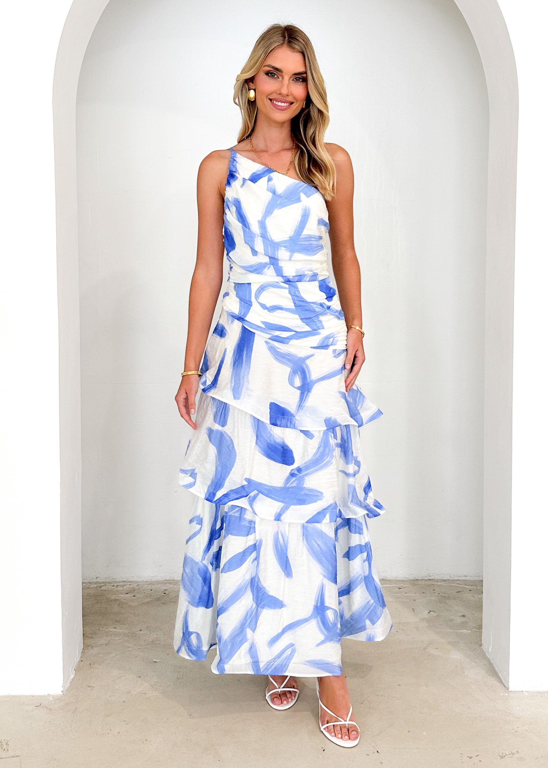 Aspra One Shoulder Midi Dress - Blue Splash