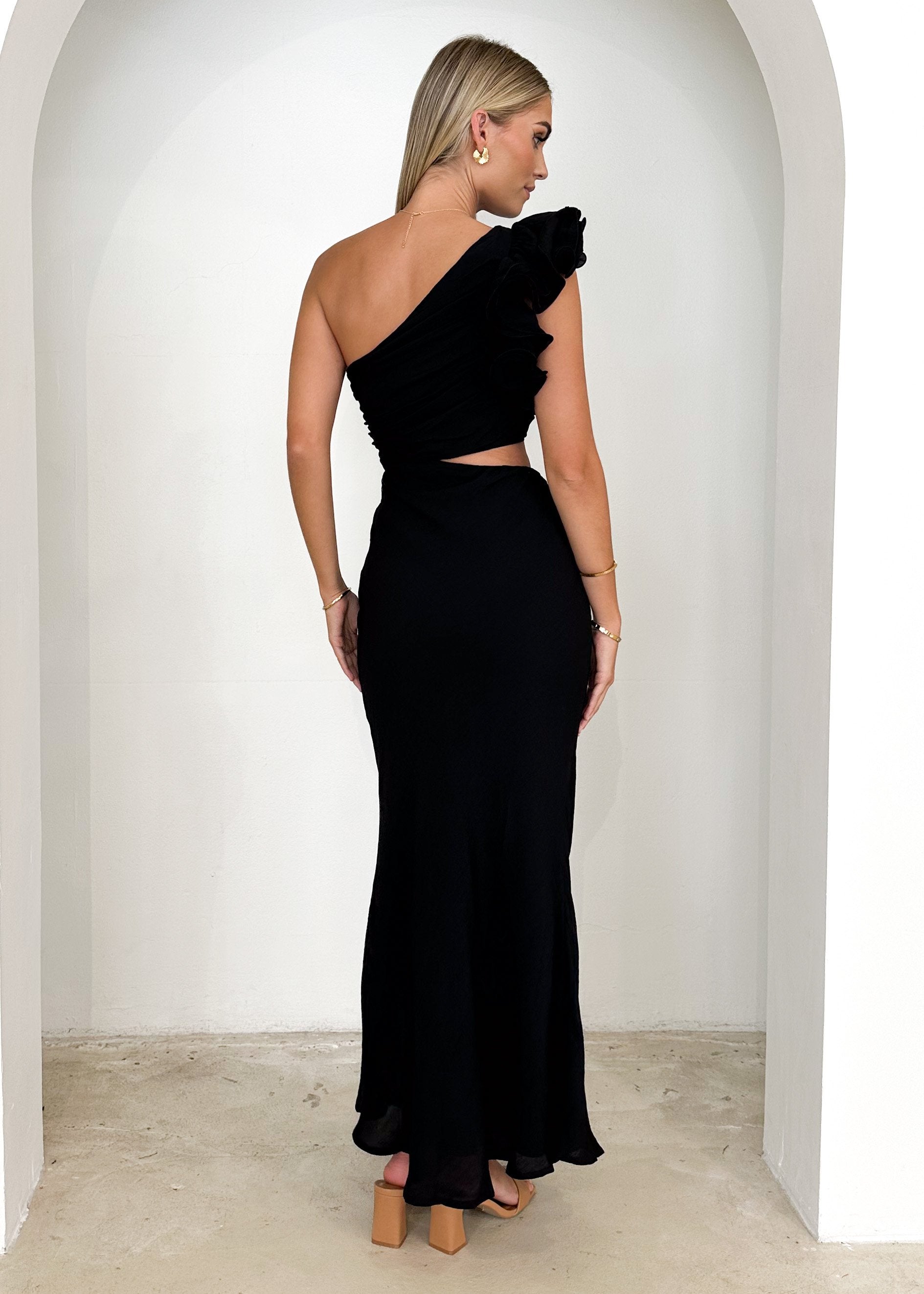 Azra One Shoulder Midi Dress - Black