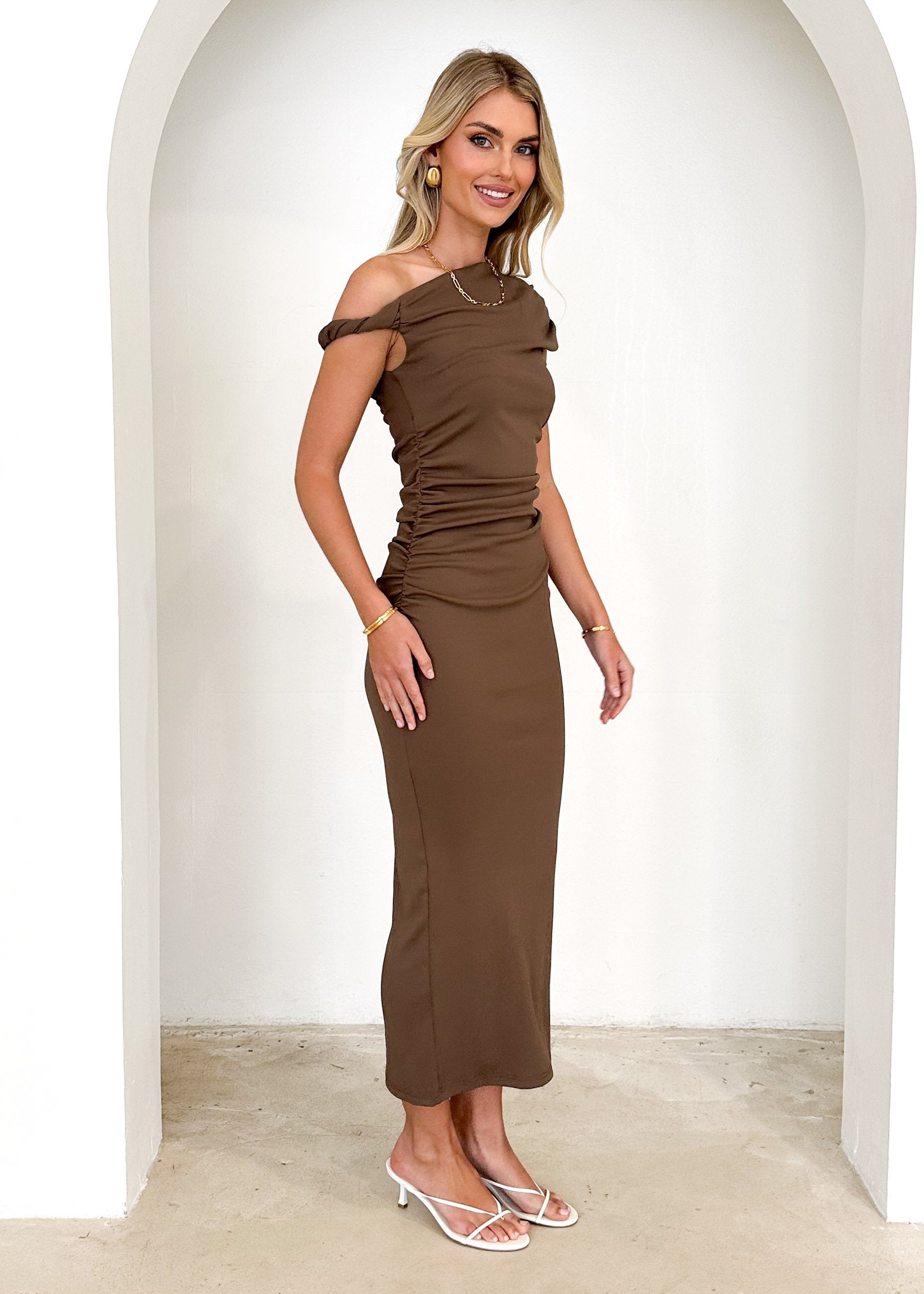 Elowen One Shoulder Midi Dress - Brown