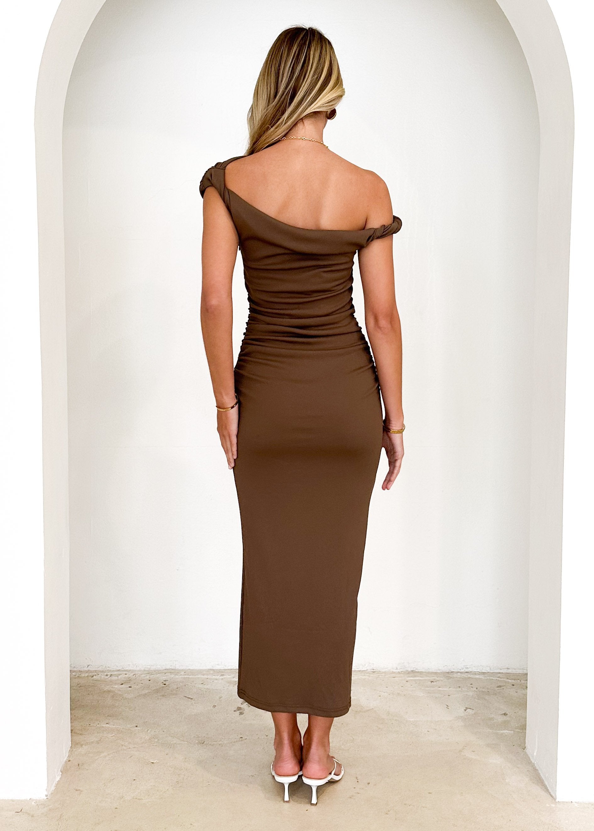 Elowen One Shoulder Midi Dress - Brown