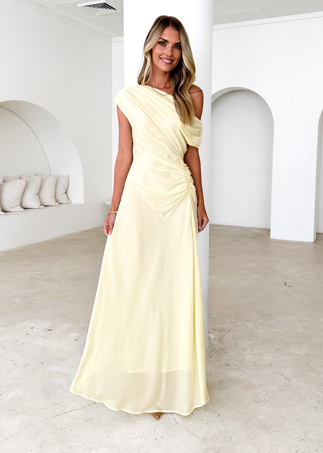 Flirtini One Shoulder Maxi Dress Lemon – Gingham Heels