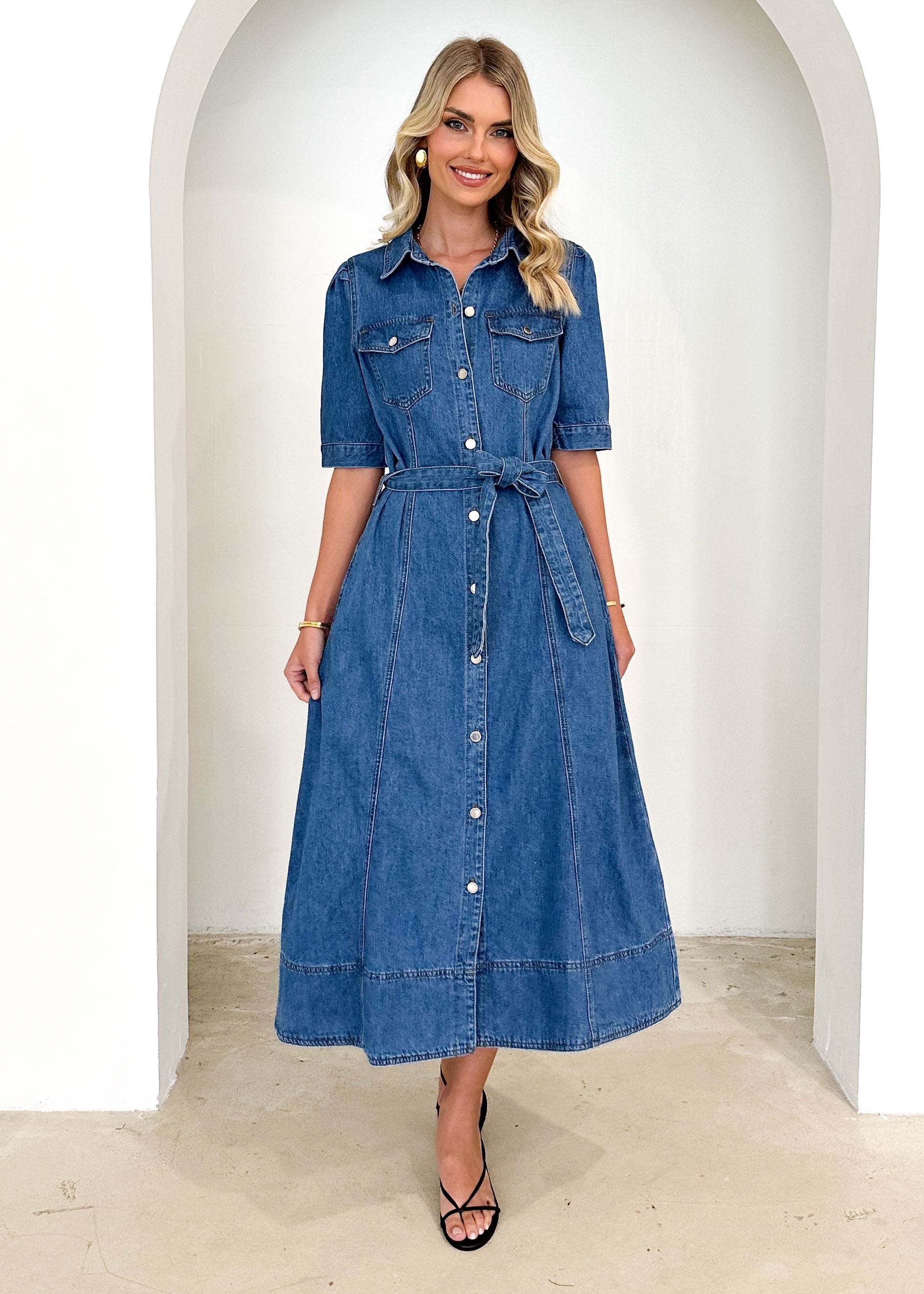 Kaily Denim Midi Dress - Mid Blue