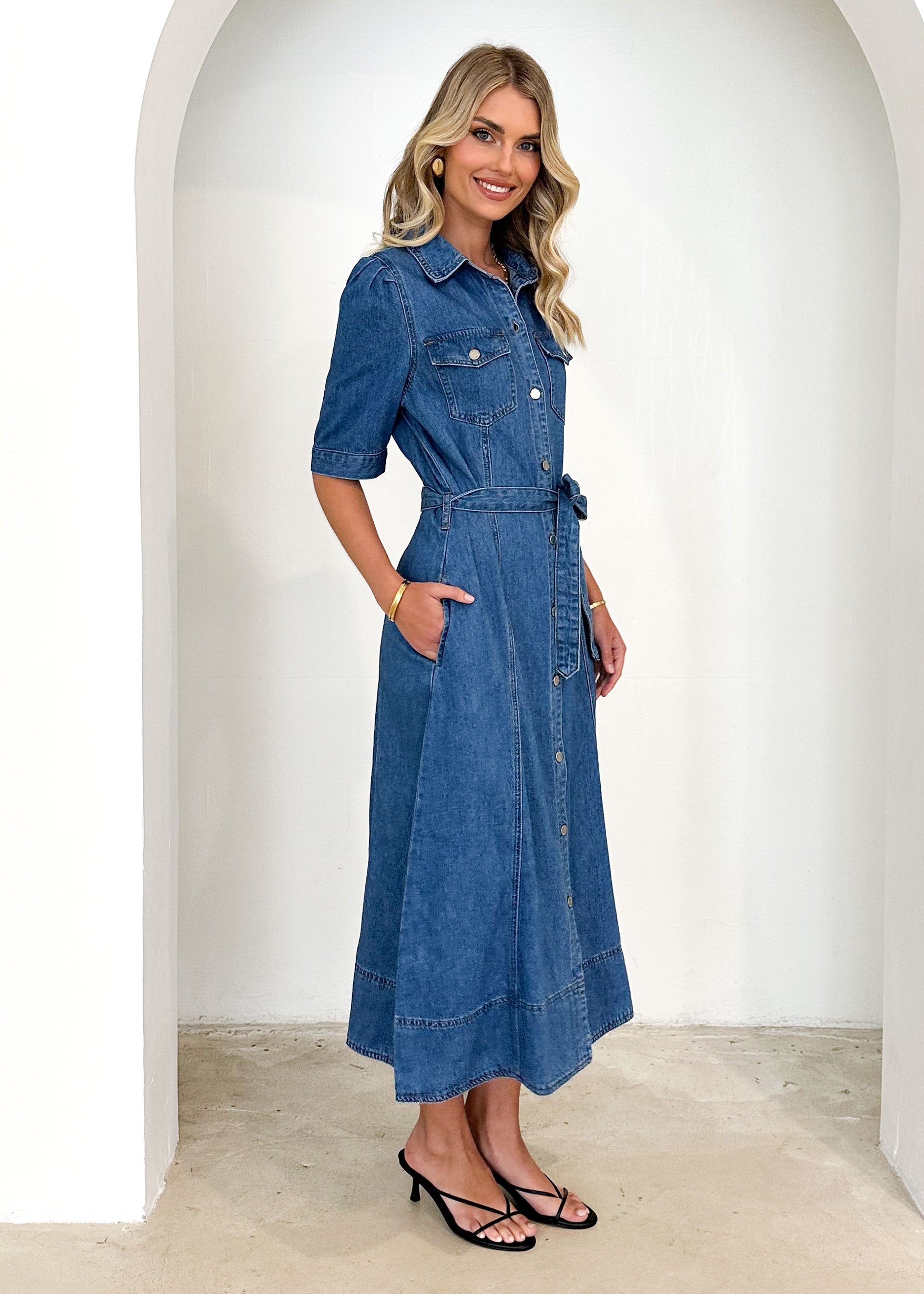 Kaily Denim Midi Dress - Mid Blue