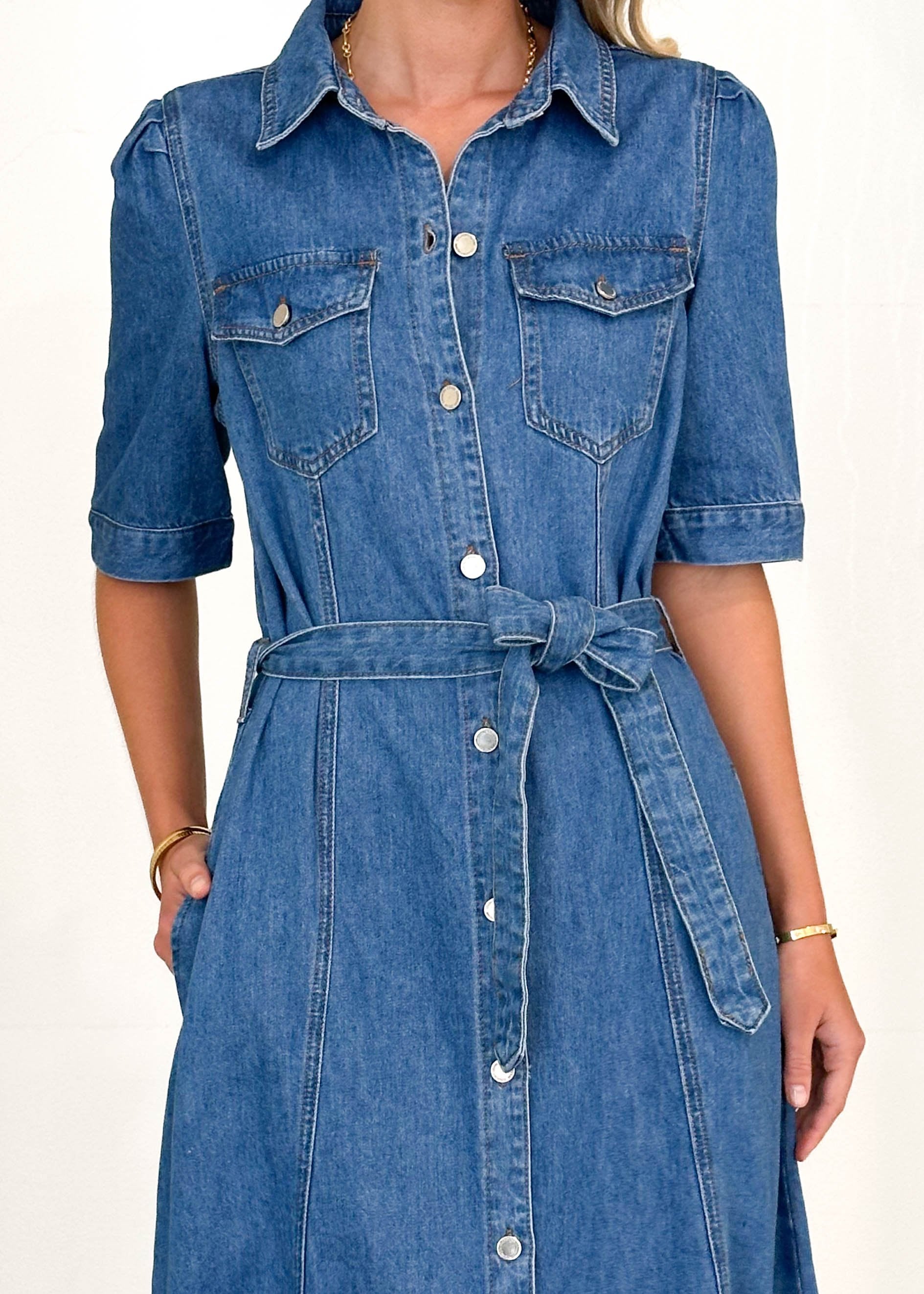 Kaily Denim Midi Dress - Mid Blue