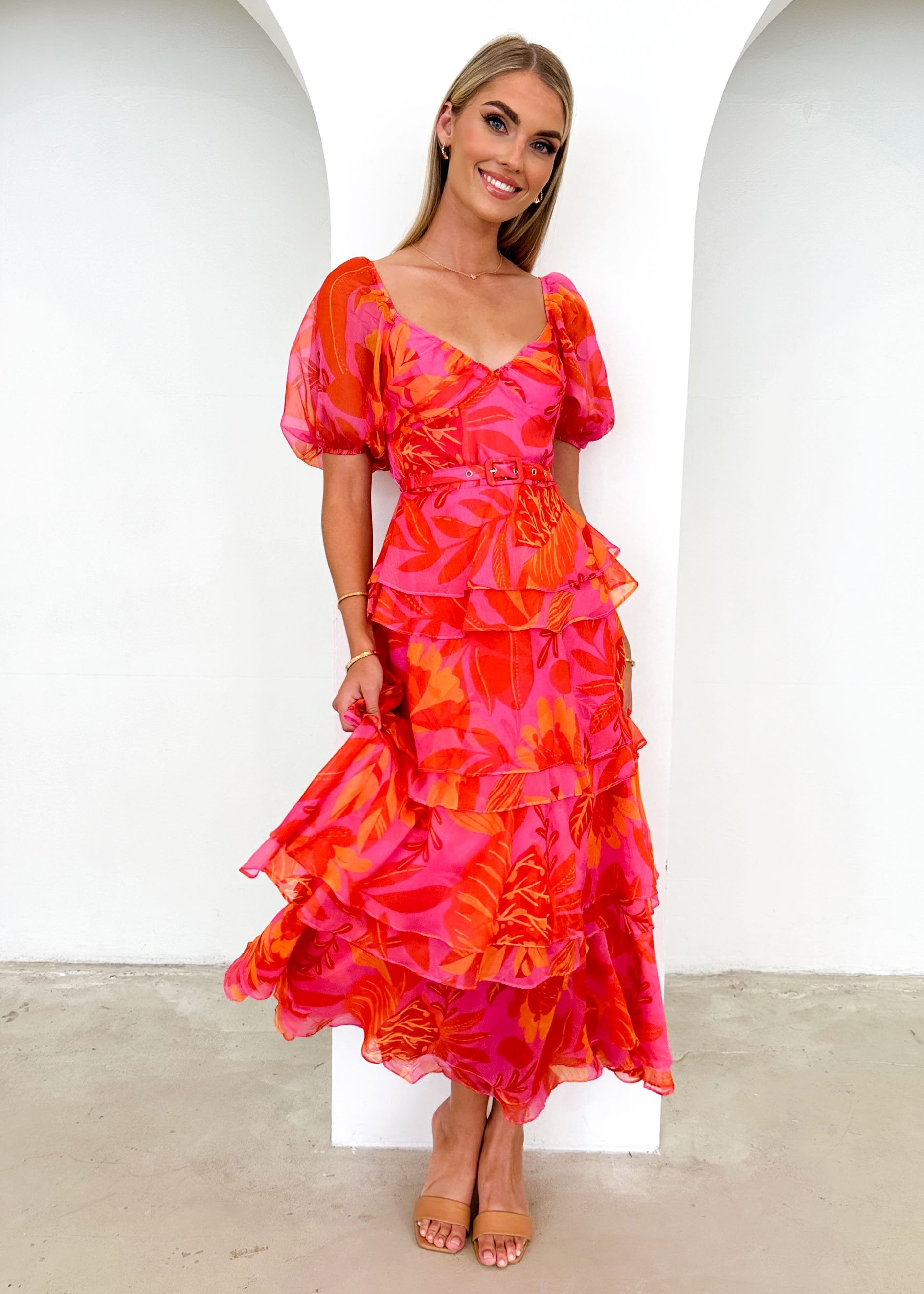 Reklae Midi Dress - Tangerine Floral