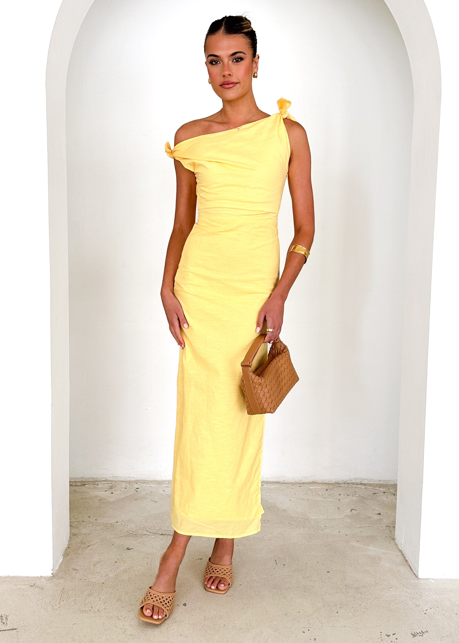 Lanto One Shoulder Midi Dress - Lemon