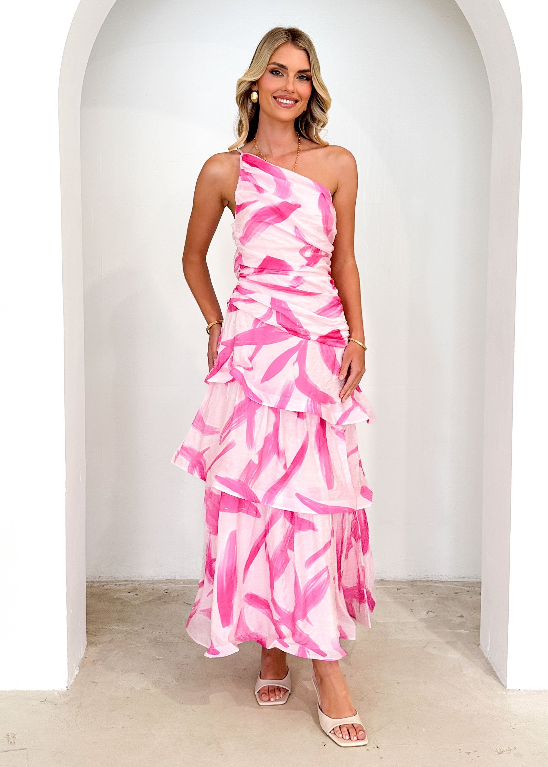 Aspra One Shoulder Midi Dress - Pink Splash