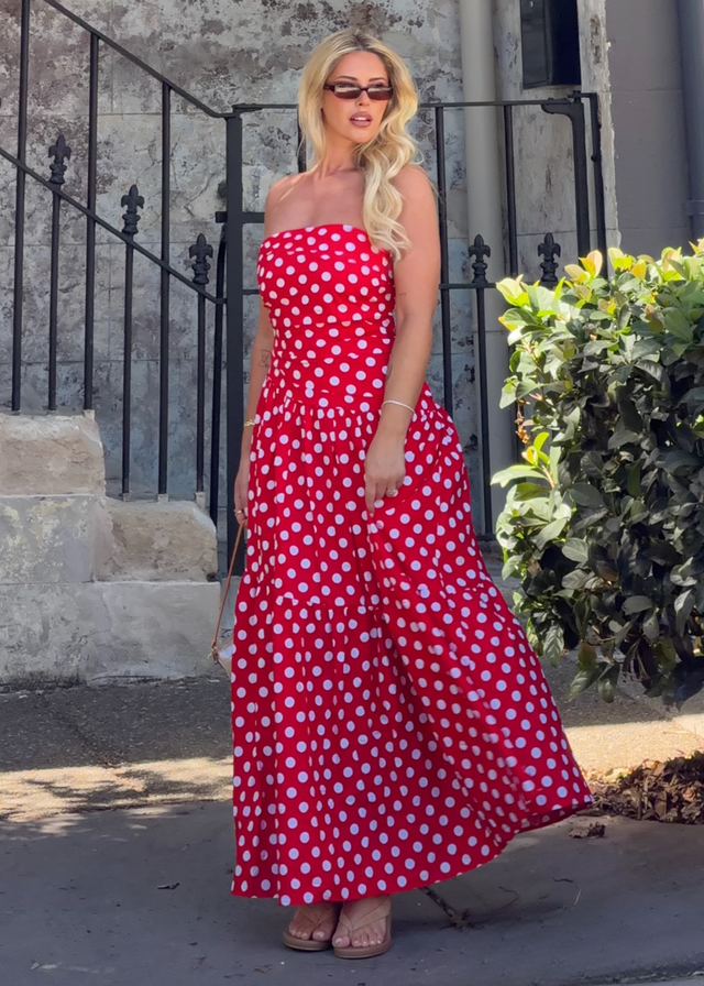 Abie Strapless Maxi Dress - Red Polka