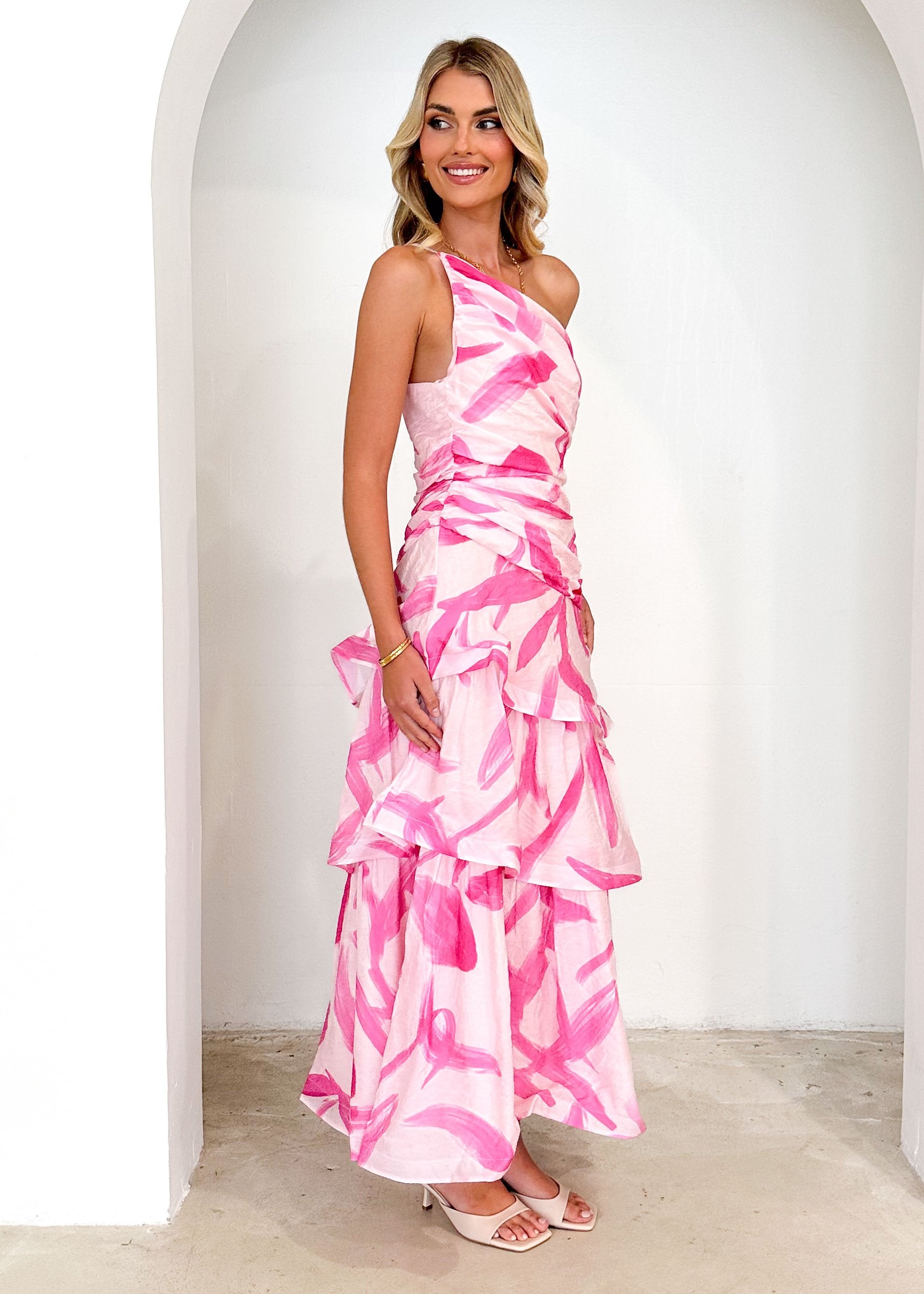 Aspra One Shoulder Midi Dress - Pink Splash