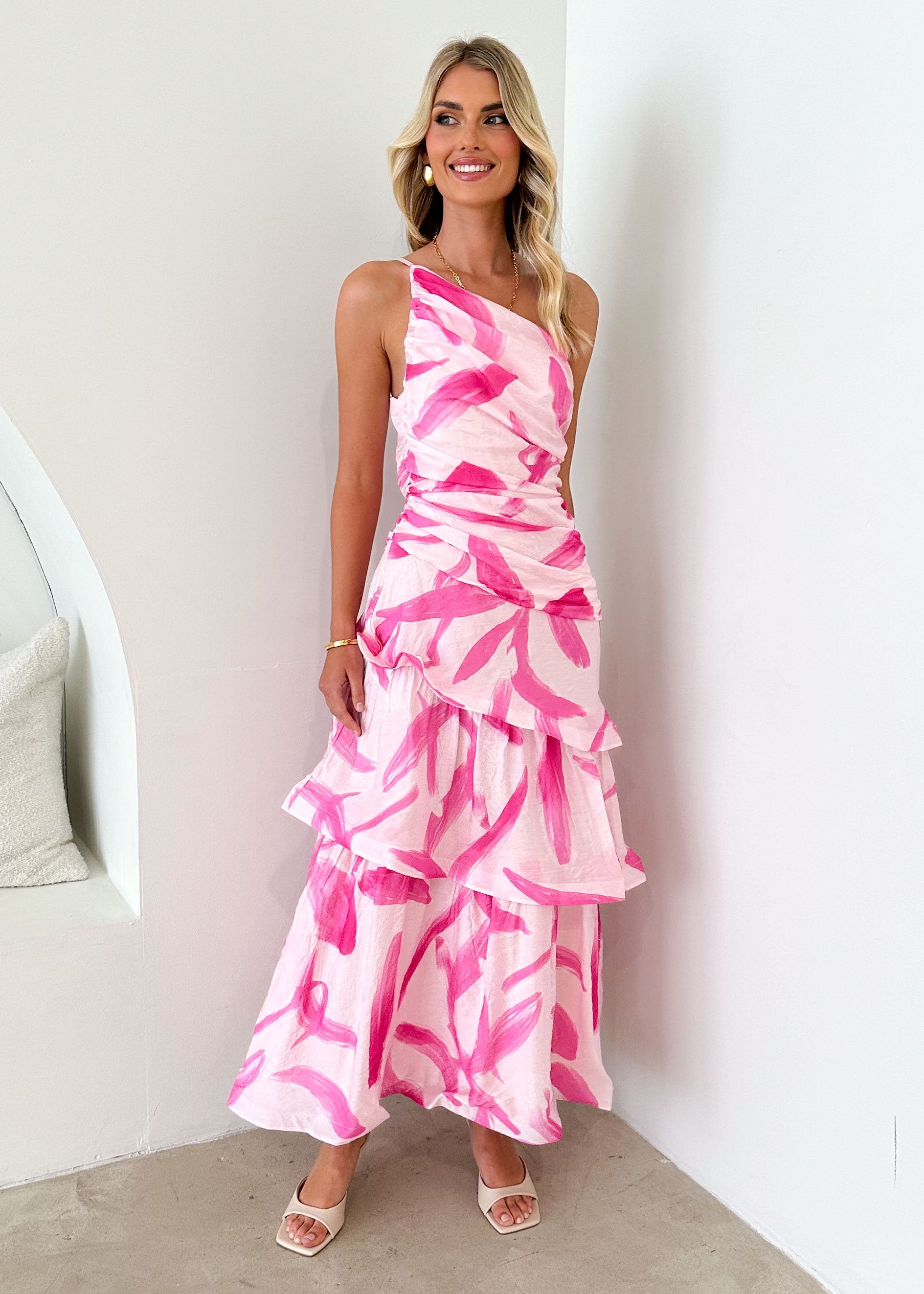 Aspra One Shoulder Midi Dress - Pink Splash