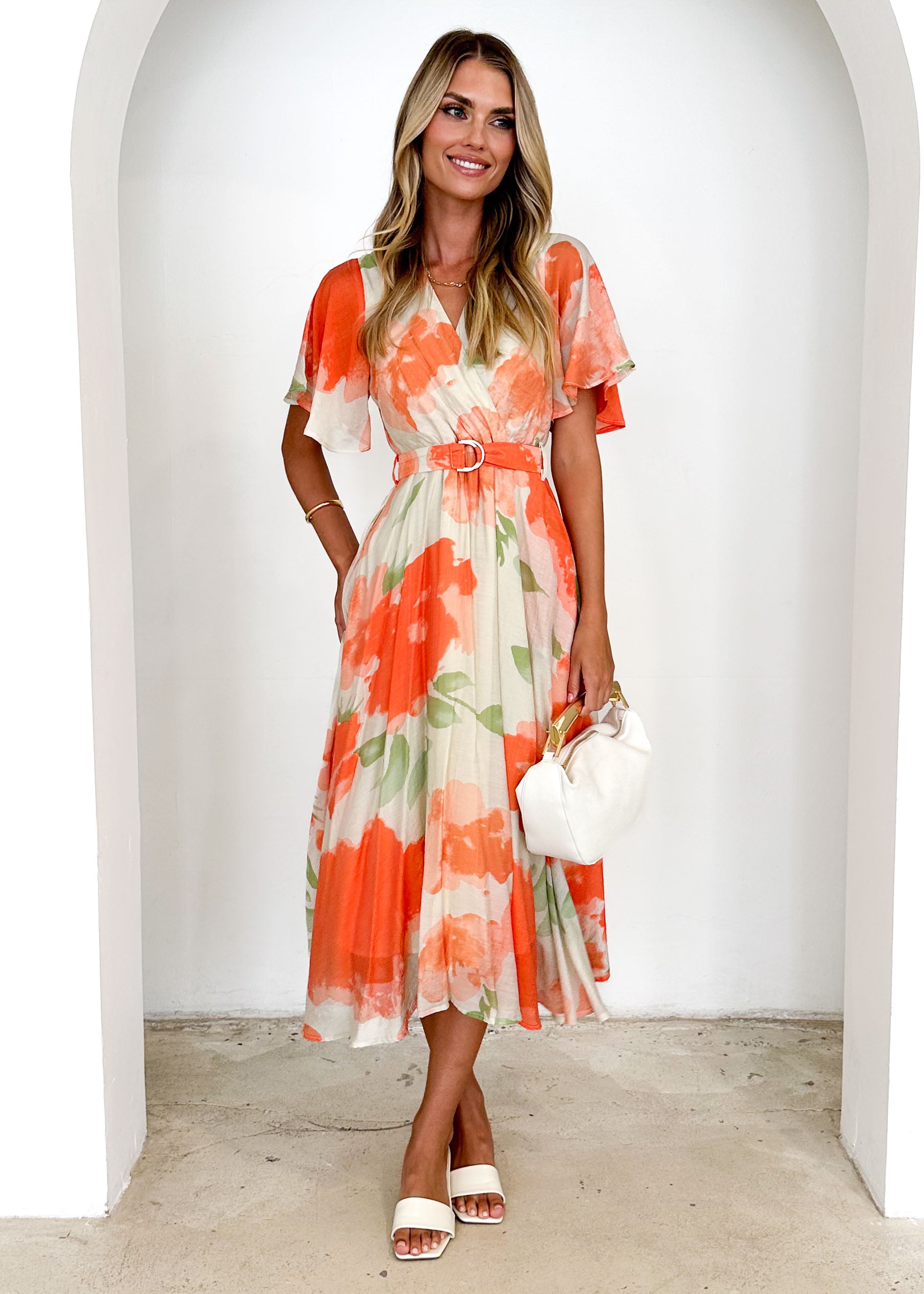 Zanzibar Midi Dress - Orange Watercolour