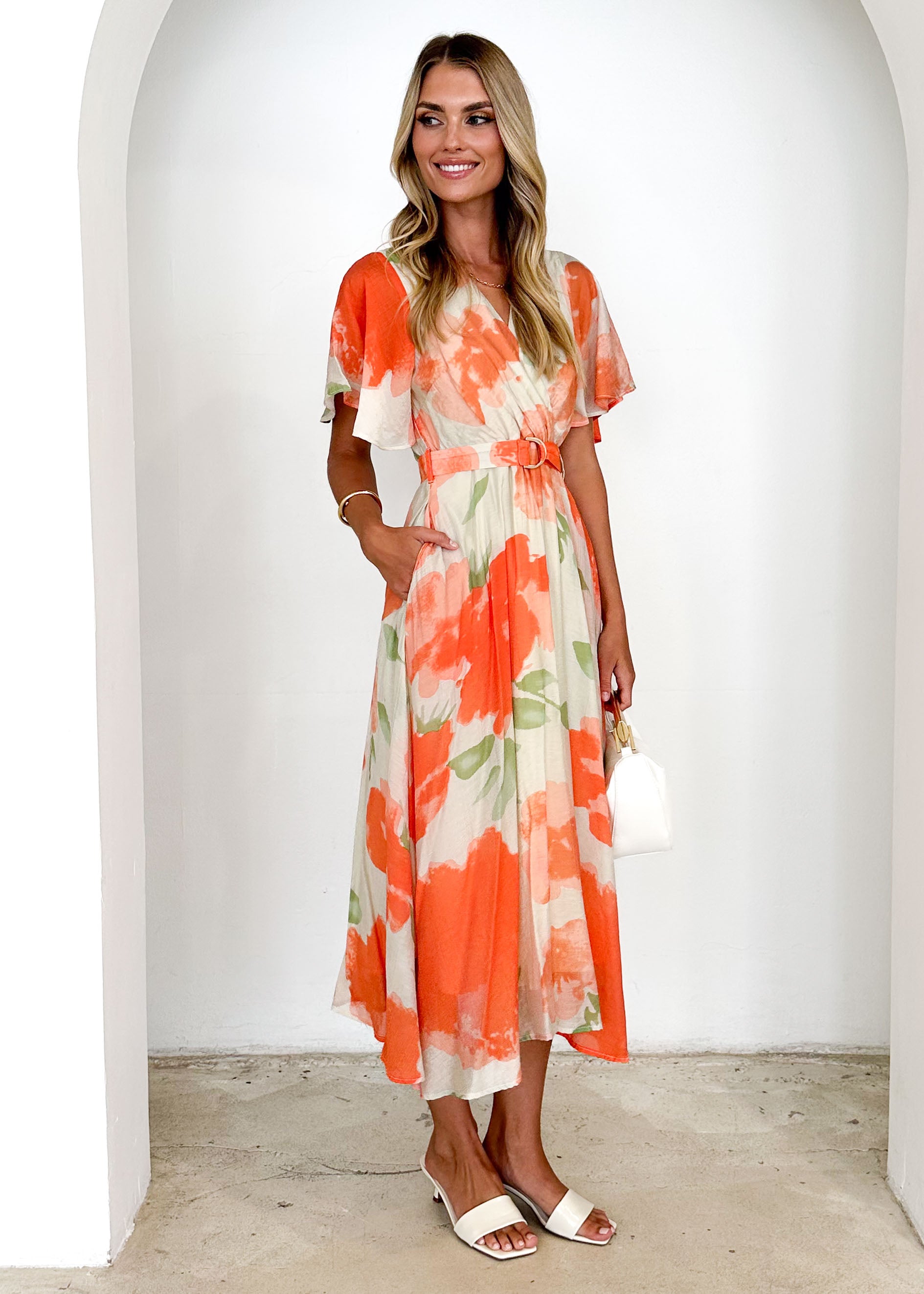 Zanzibar Midi Dress - Orange Watercolour