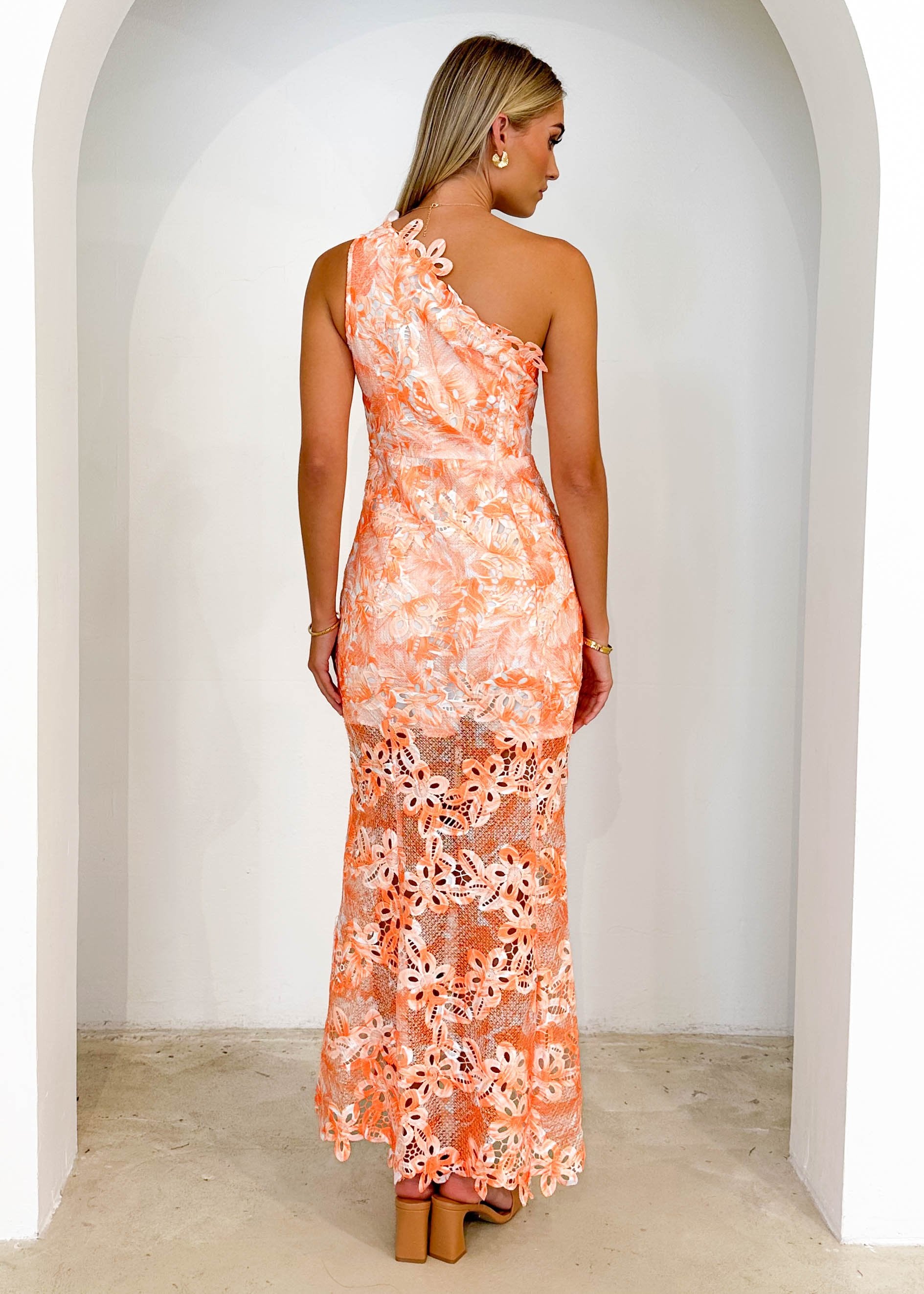 Krestra One Shoulder Midi Dress - Orange Floral