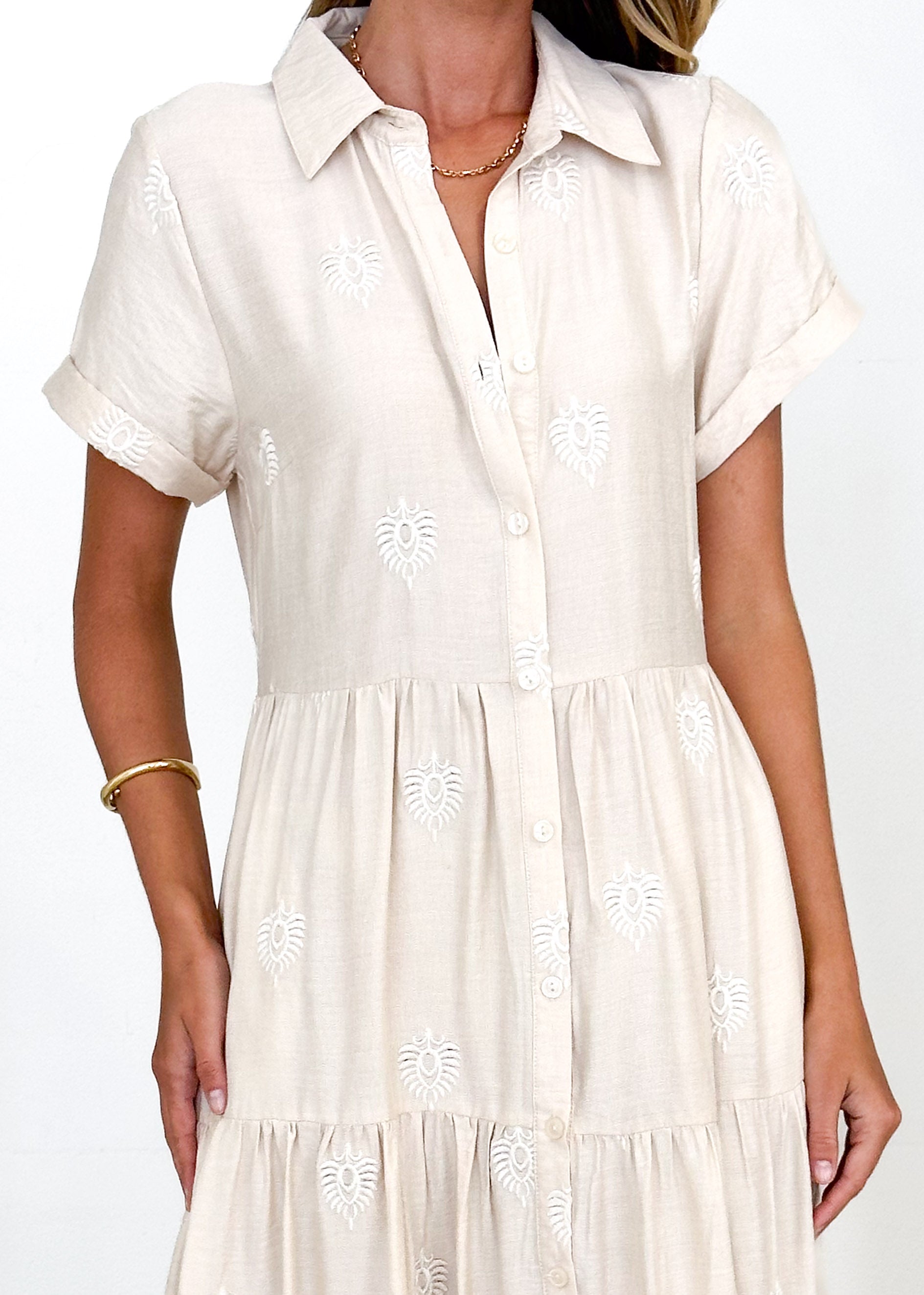 Espeon Maxi Dress - Beige Embroidered