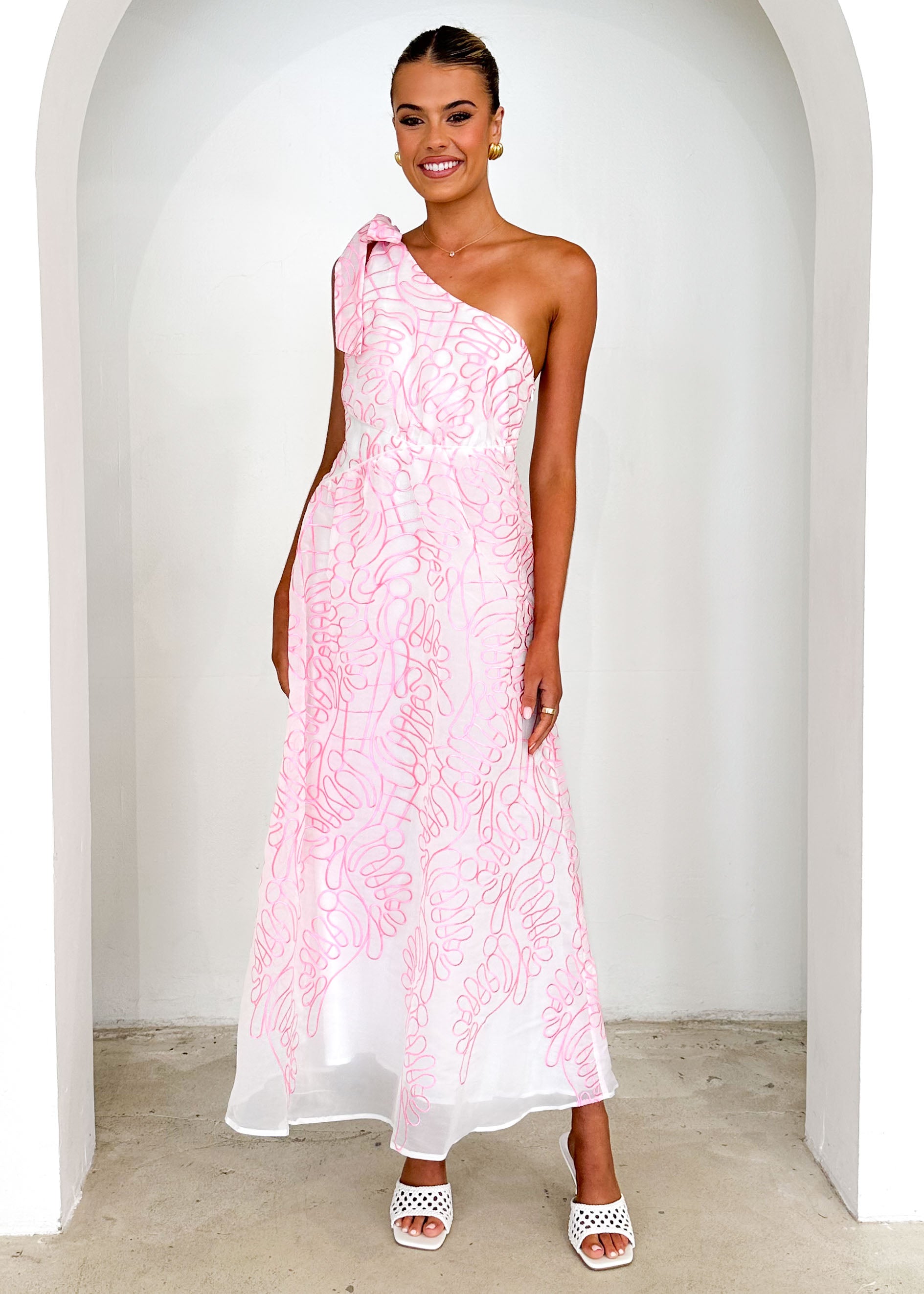 Amalfi One Shoulder Midi Dress - Pink Embroidered