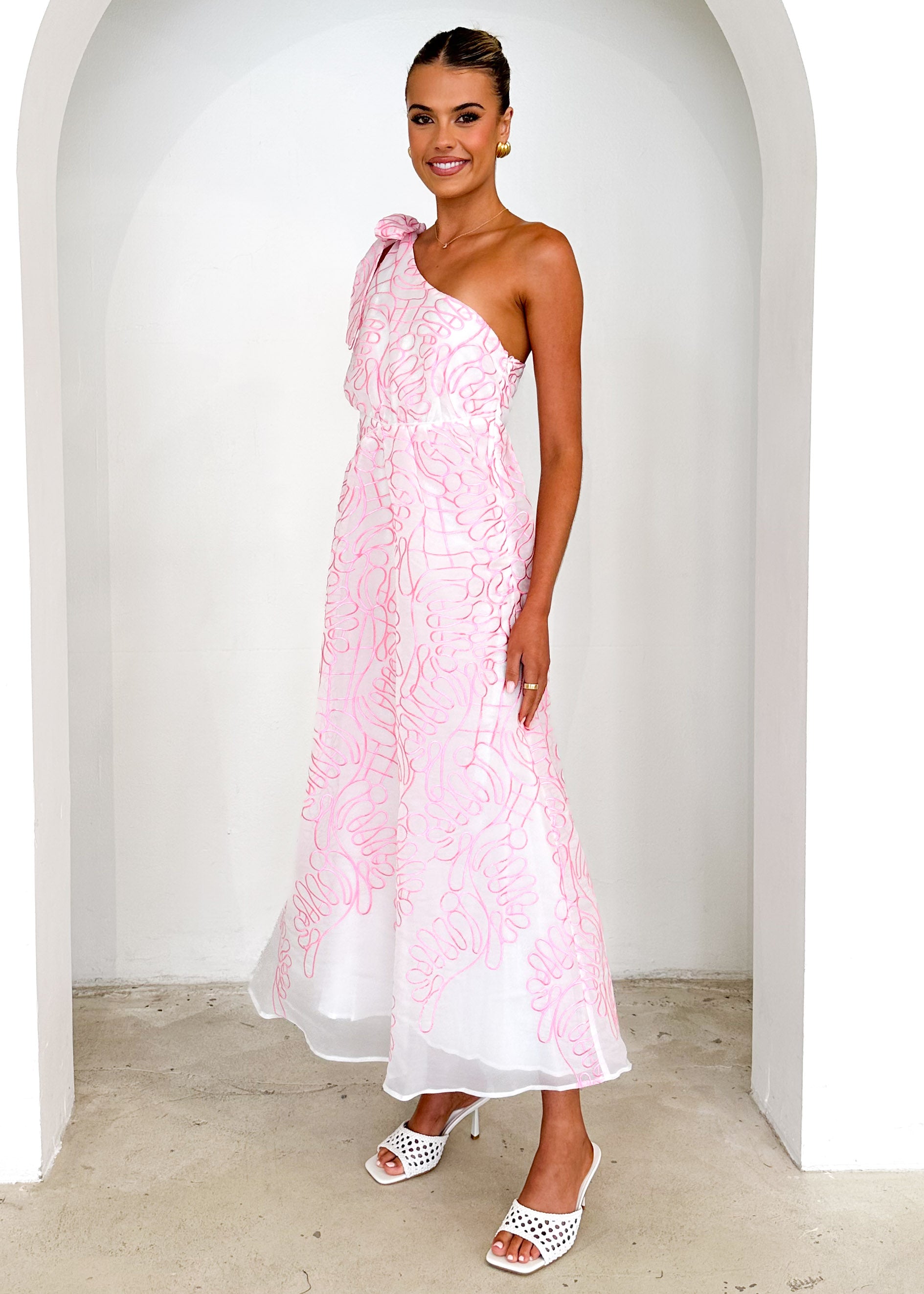 Amalfi One Shoulder Midi Dress - Pink Embroidered