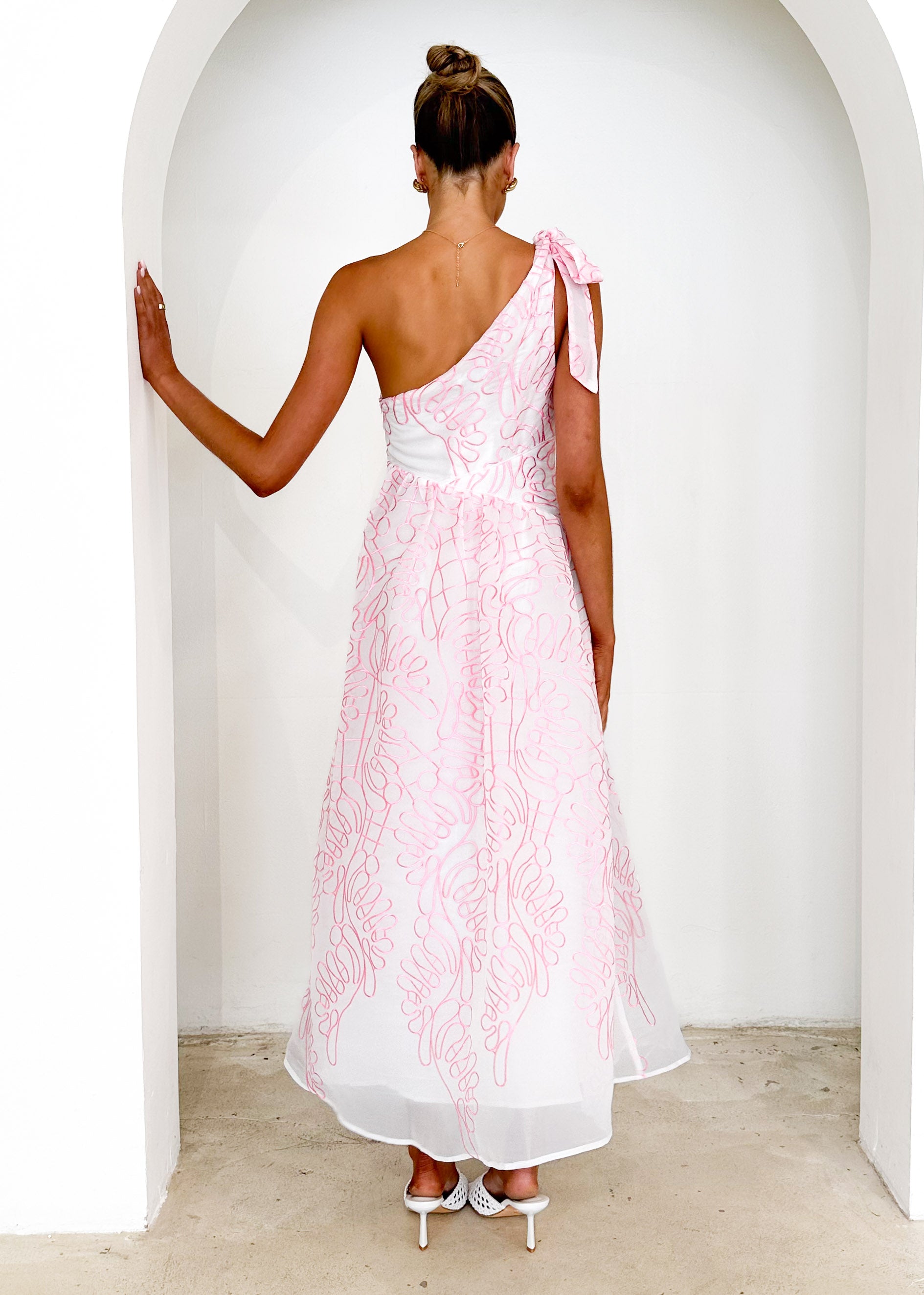 Amalfi One Shoulder Midi Dress - Pink Embroidered