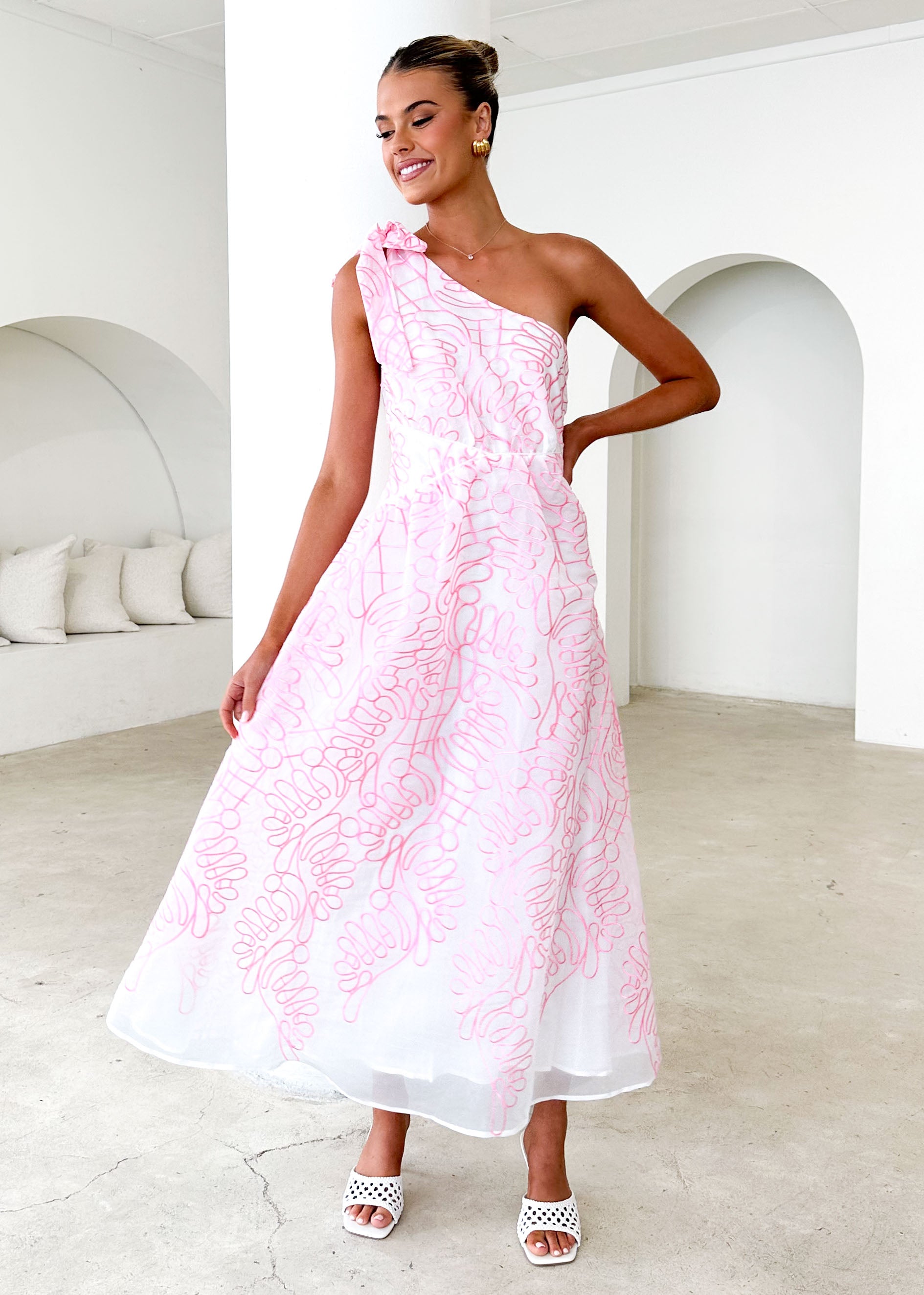 Amalfi One Shoulder Midi Dress Pink Embroidered