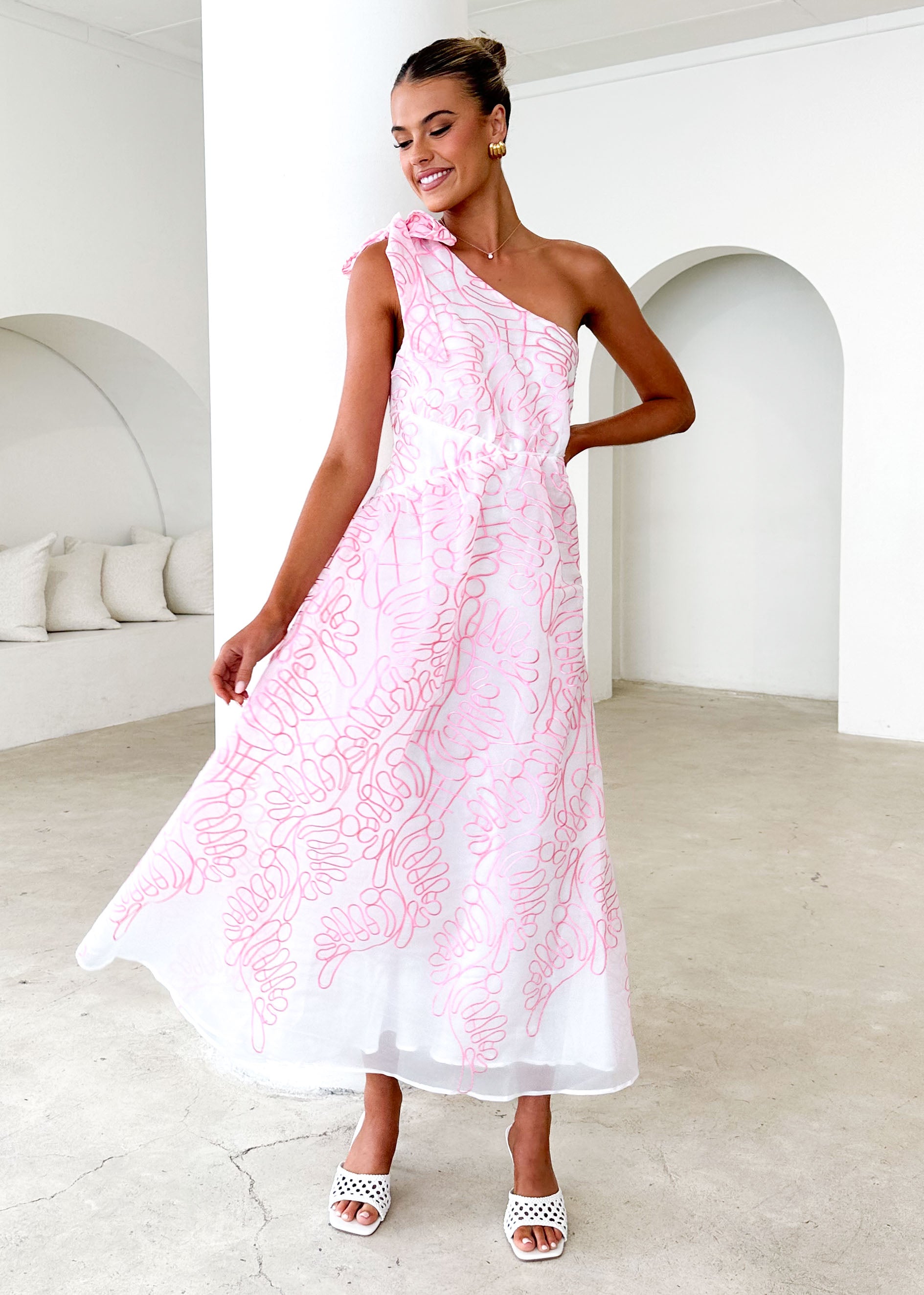 Amalfi One Shoulder Midi Dress - Pink Embroidered