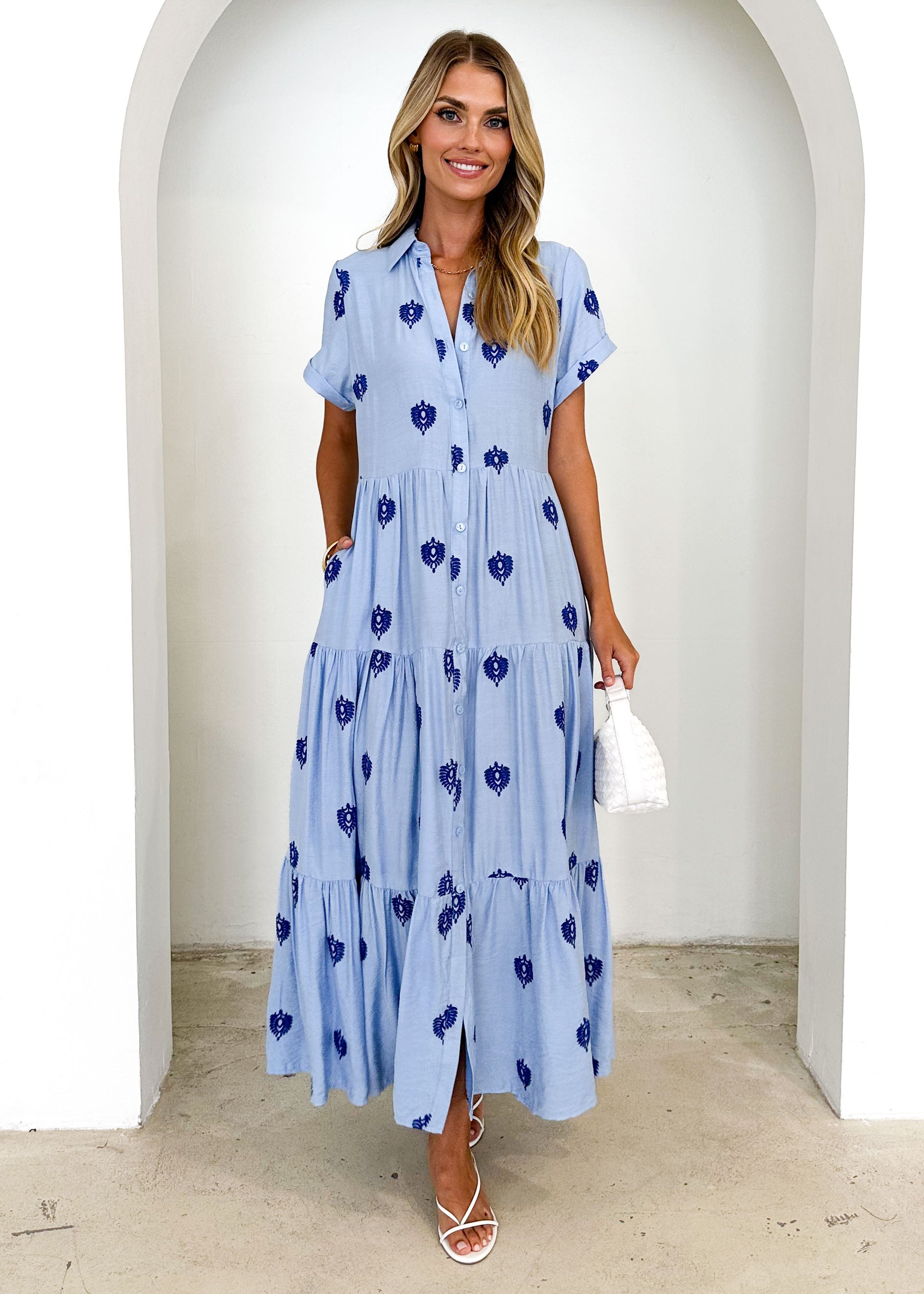 Espeon Maxi Dress - Blue Embroidered