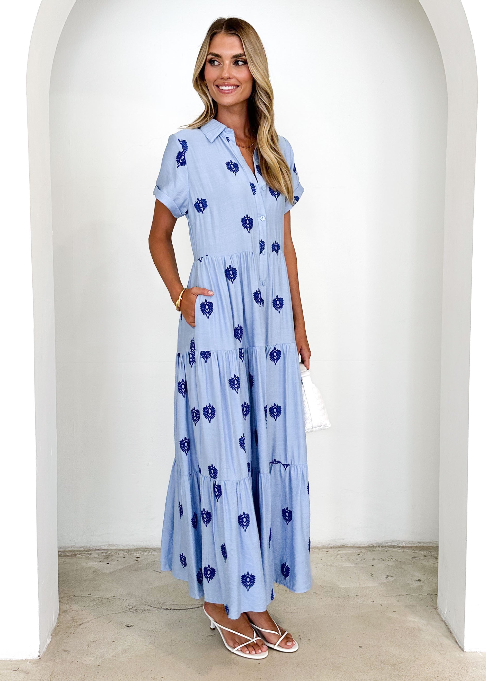 Espeon Maxi Dress - Blue Embroidered