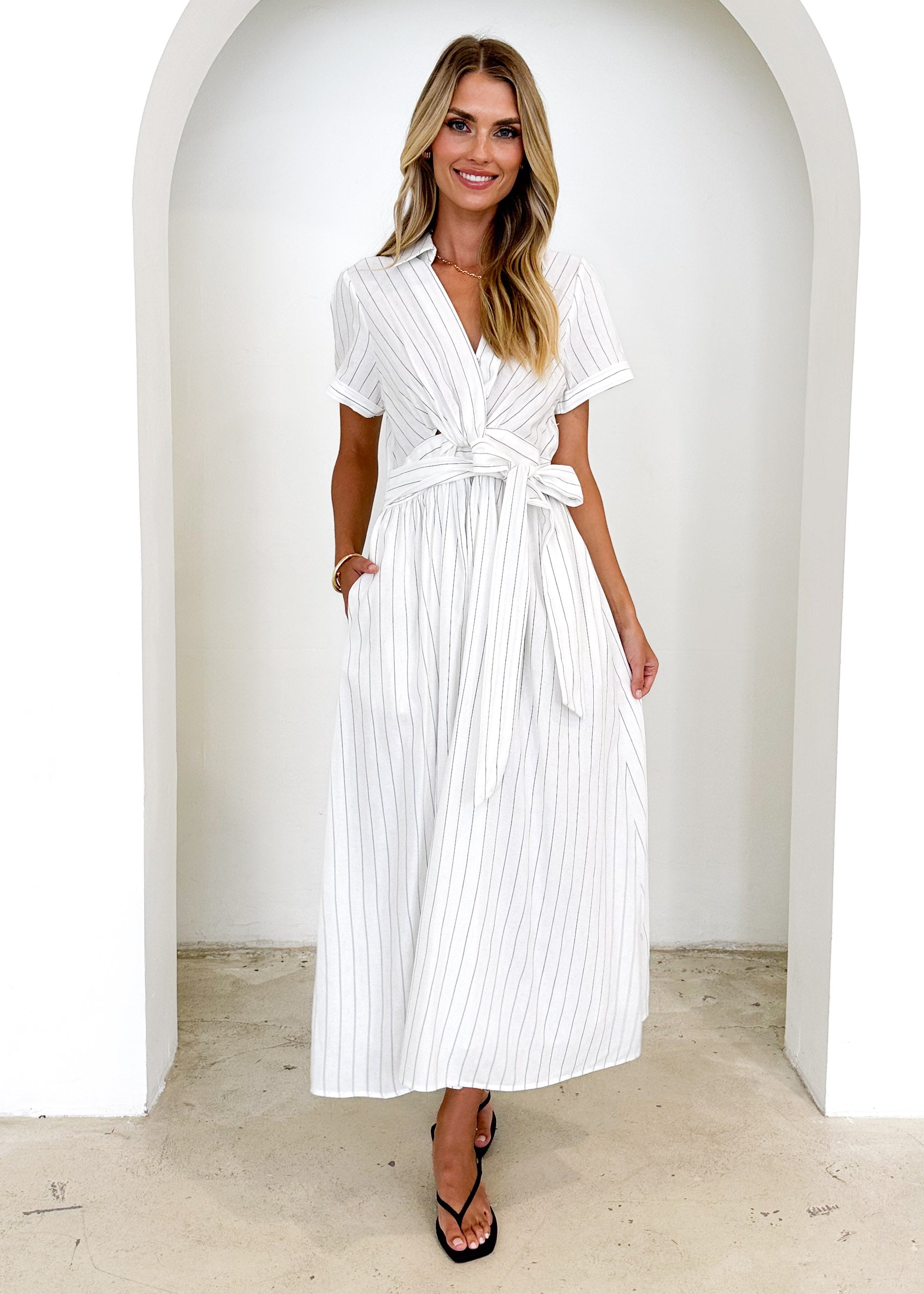 Santana Midi Dress - White Pinstripe