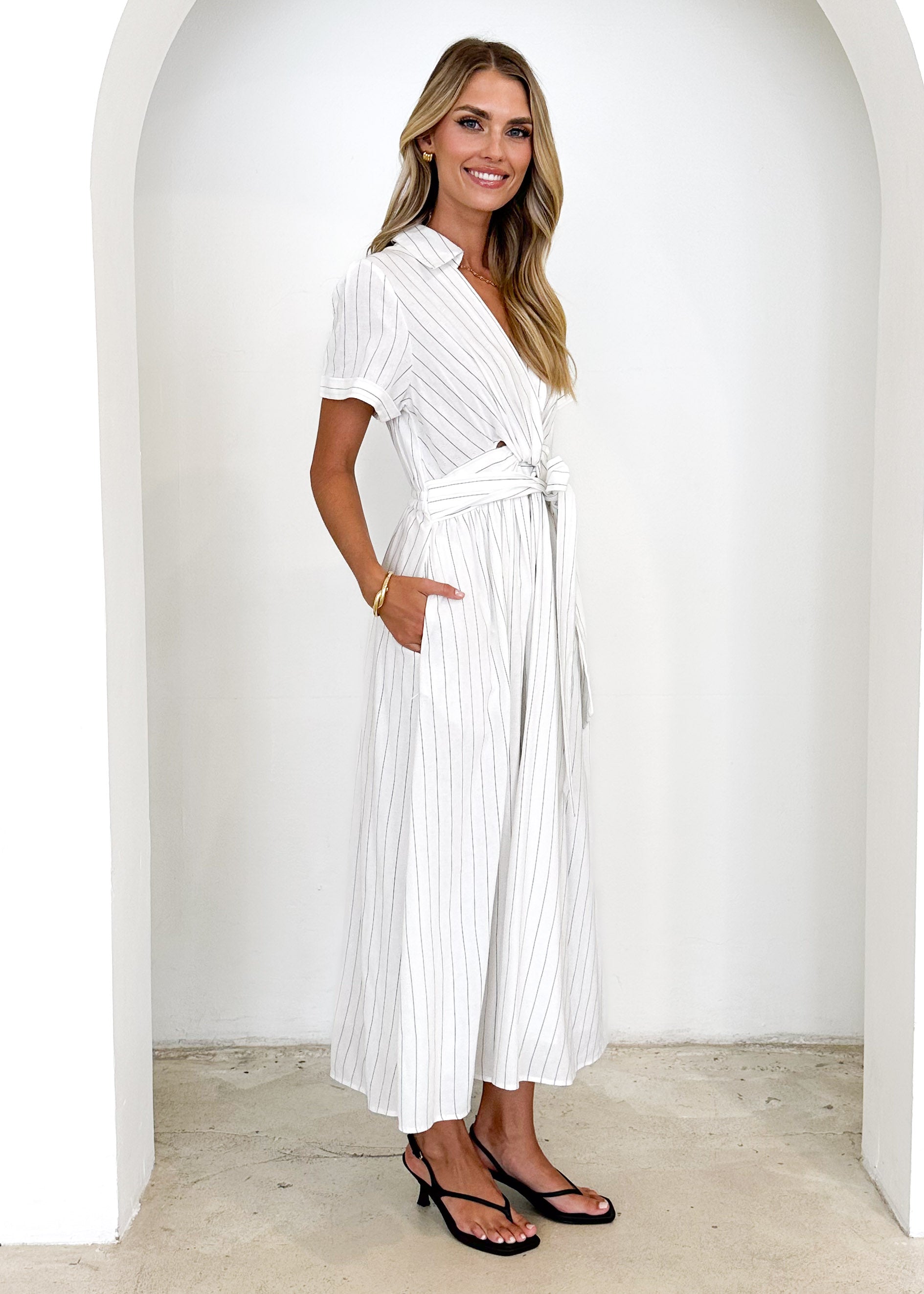 Santana Midi Dress - White Pinstripe