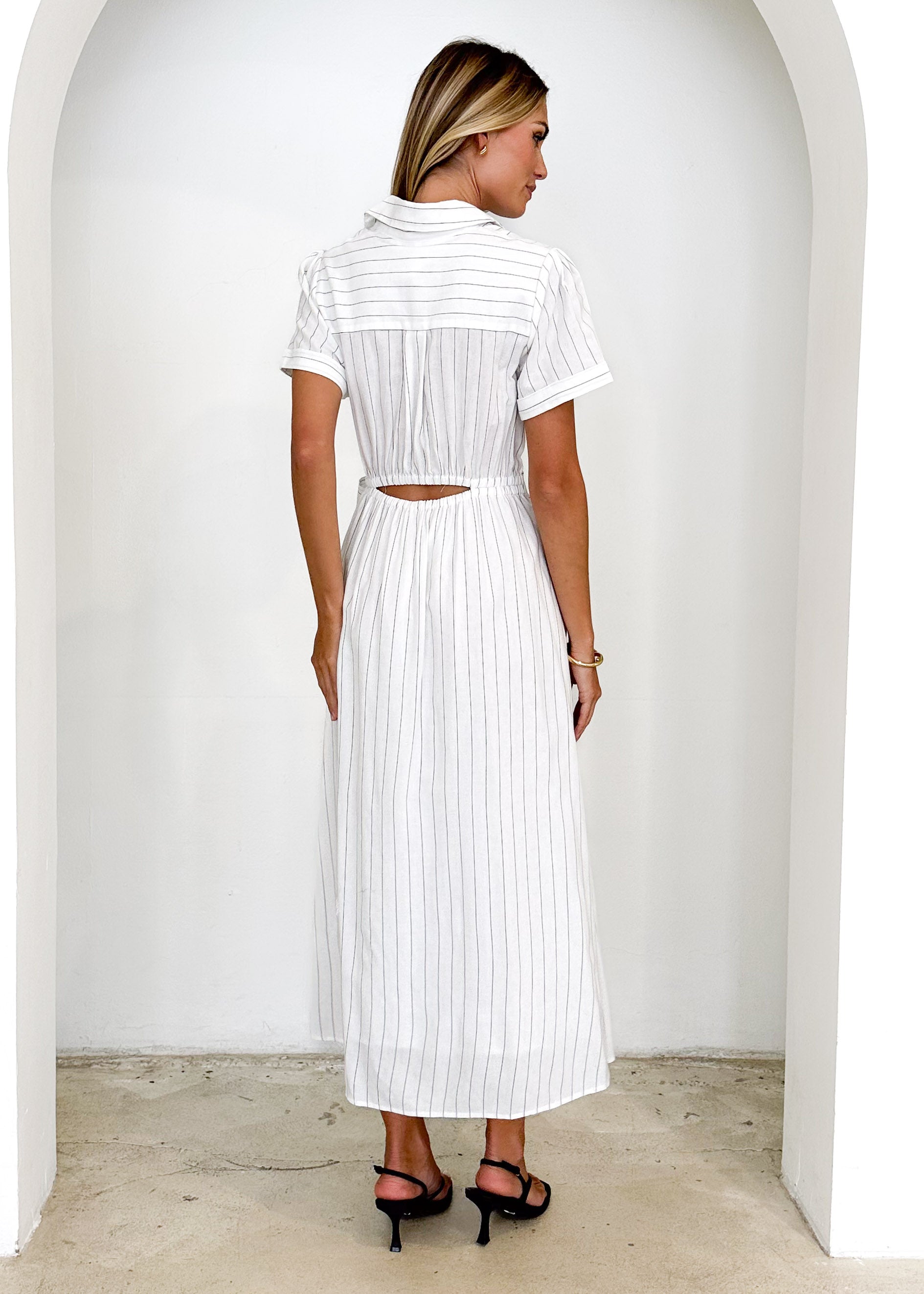 Santana Midi Dress - White Pinstripe