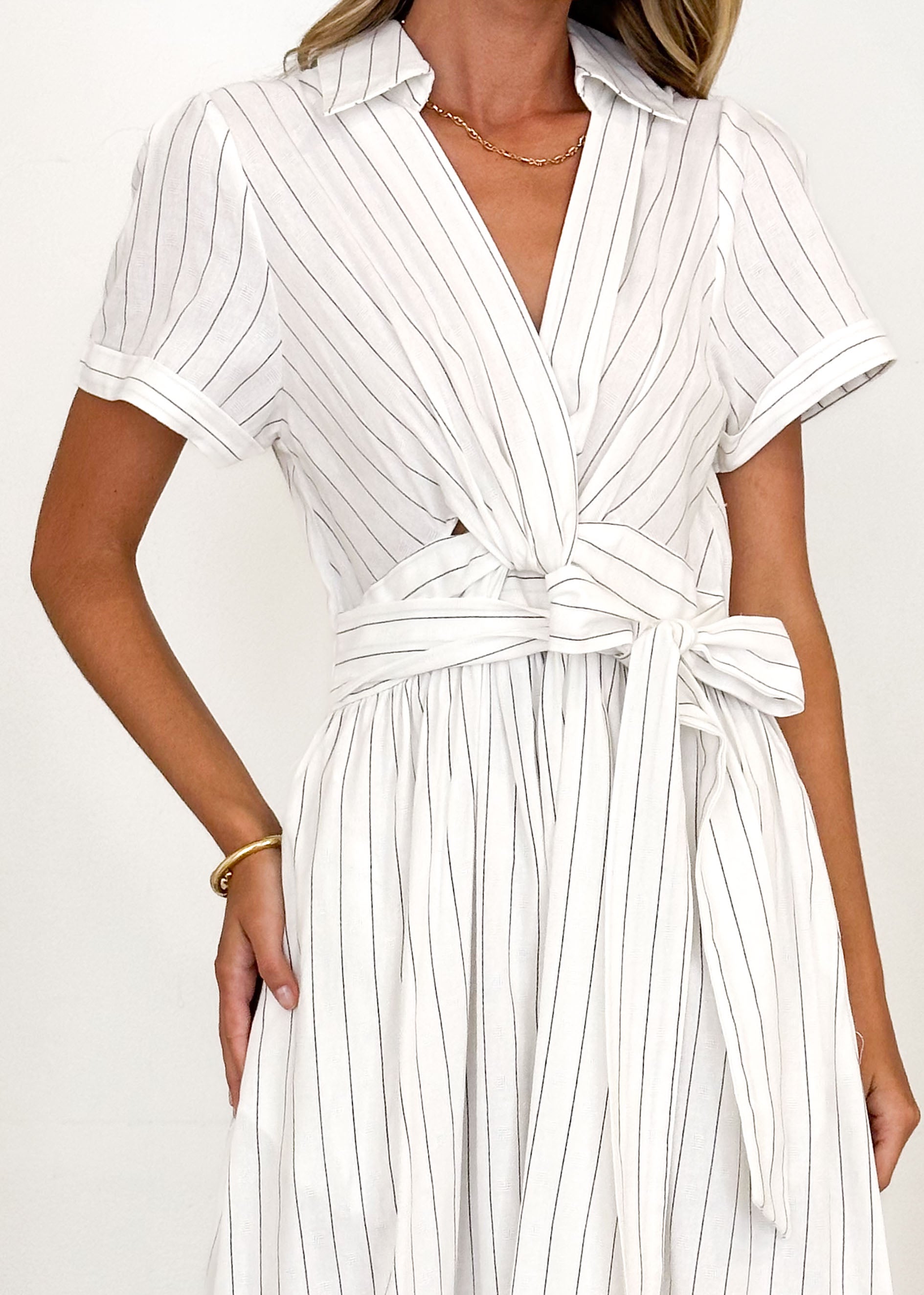 Santana Midi Dress - White Pinstripe