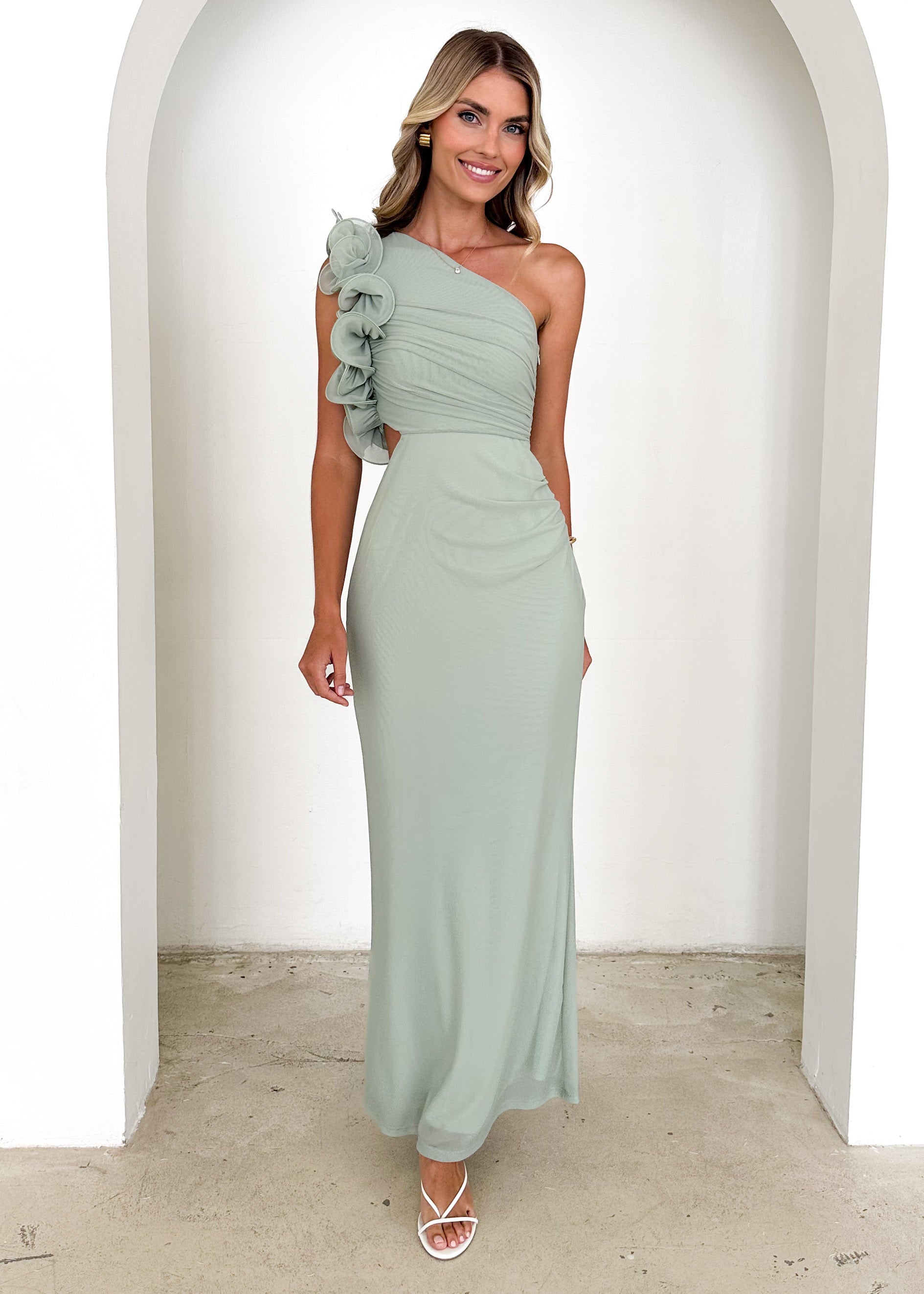 Oakes One Shoulder Mesh Maxi Dress - Sage