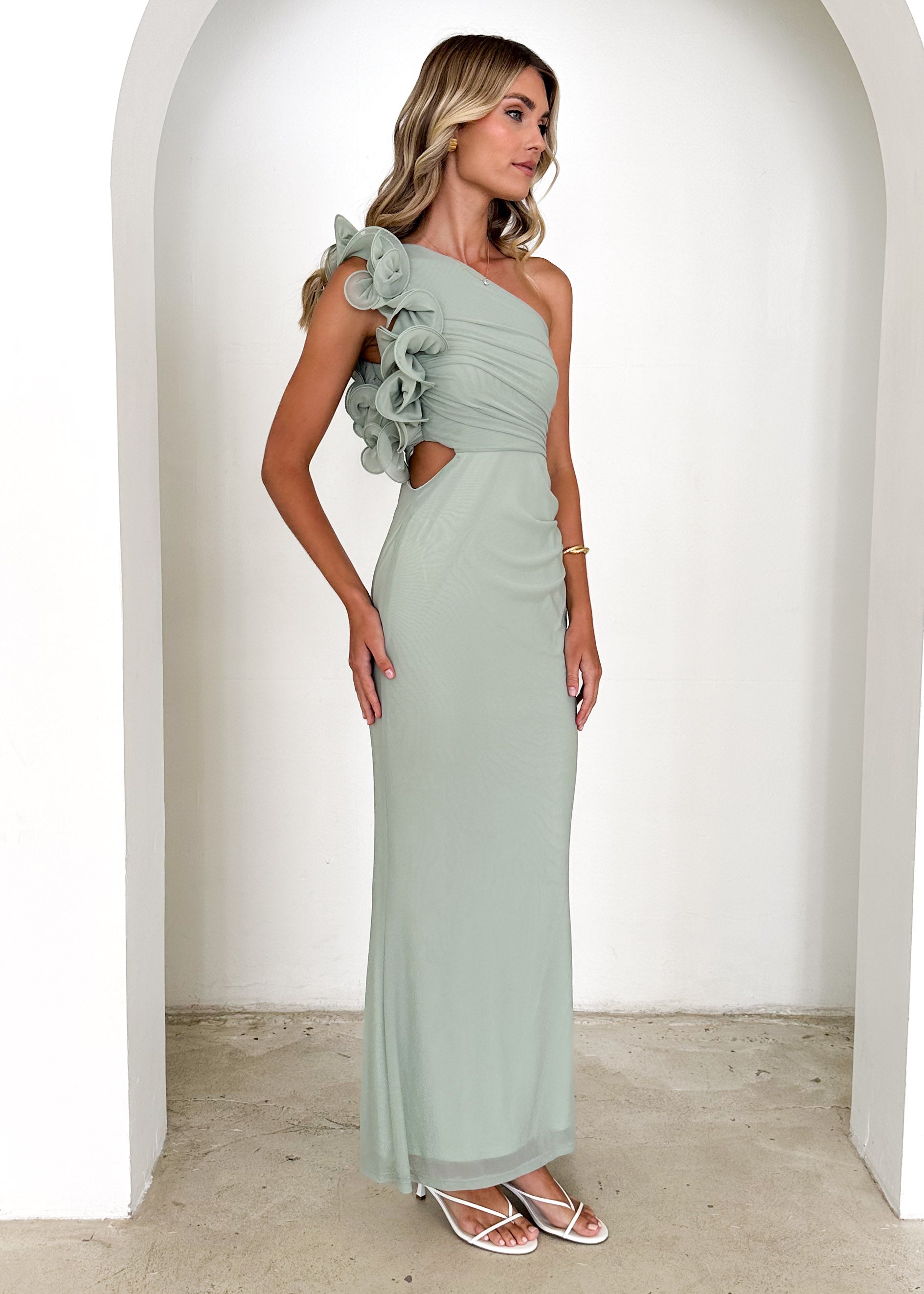 Oakes One Shoulder Mesh Maxi Dress - Sage