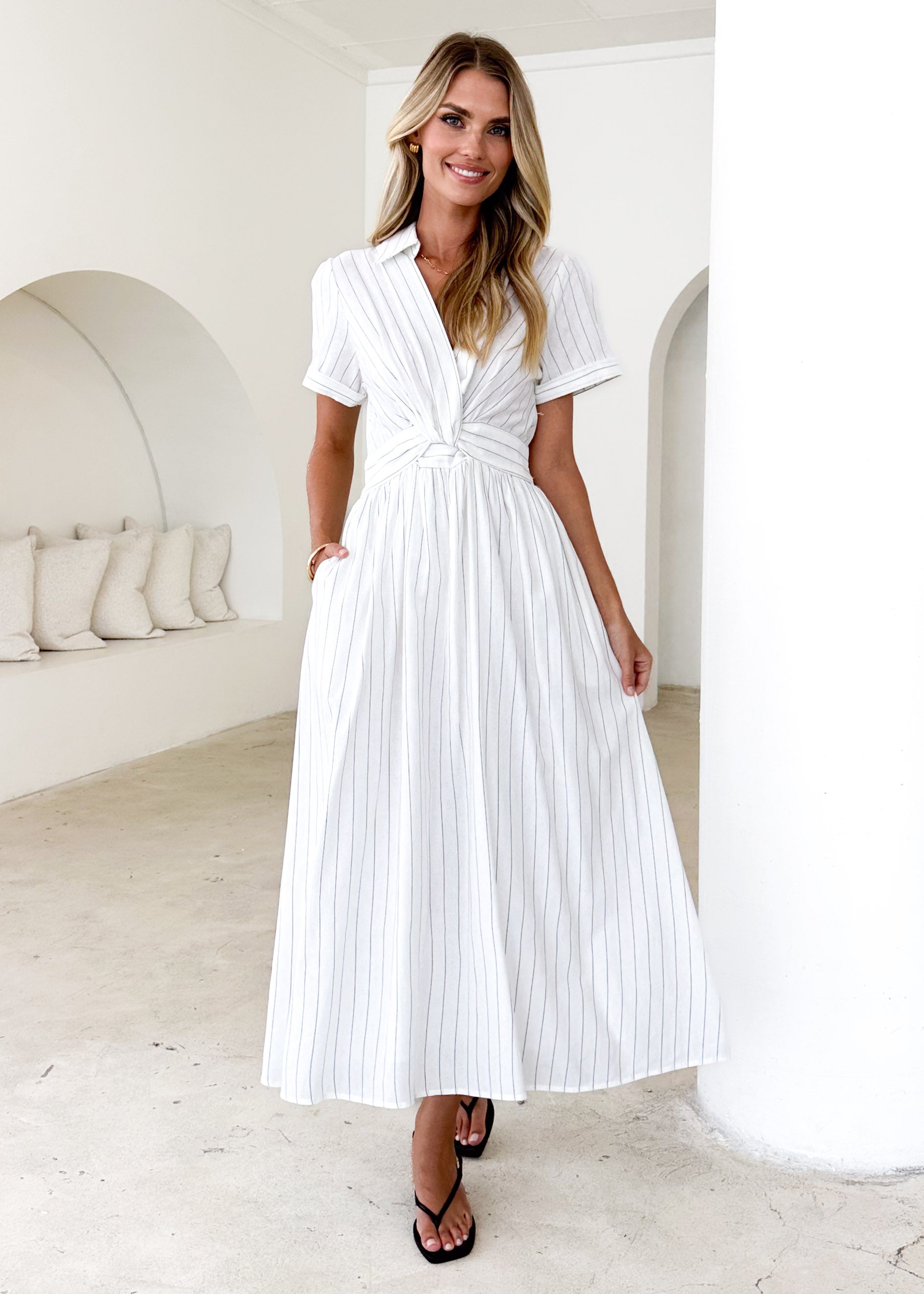 Santana Midi Dress - White Pinstripe