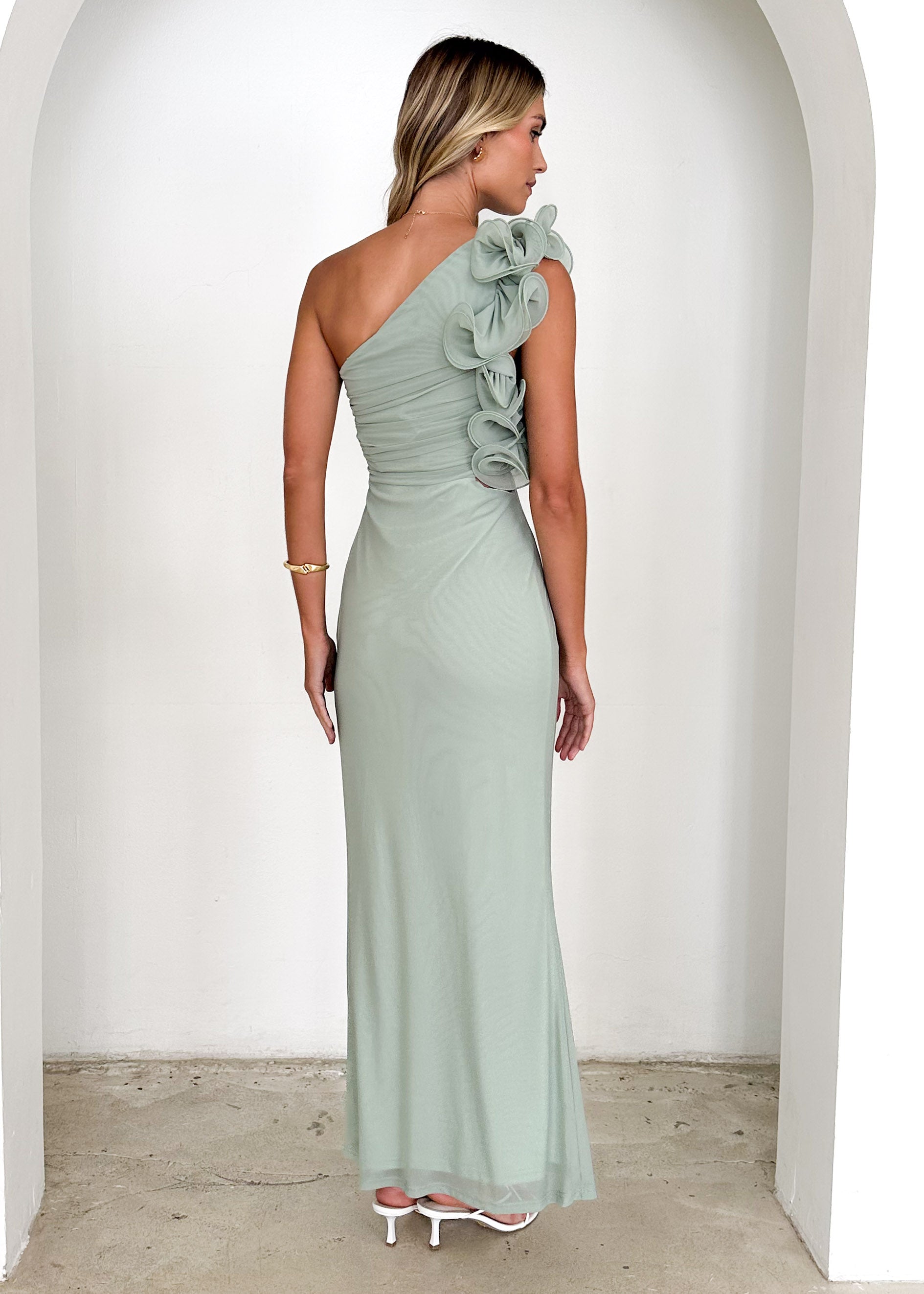 Oakes One Shoulder Mesh Maxi Dress - Sage