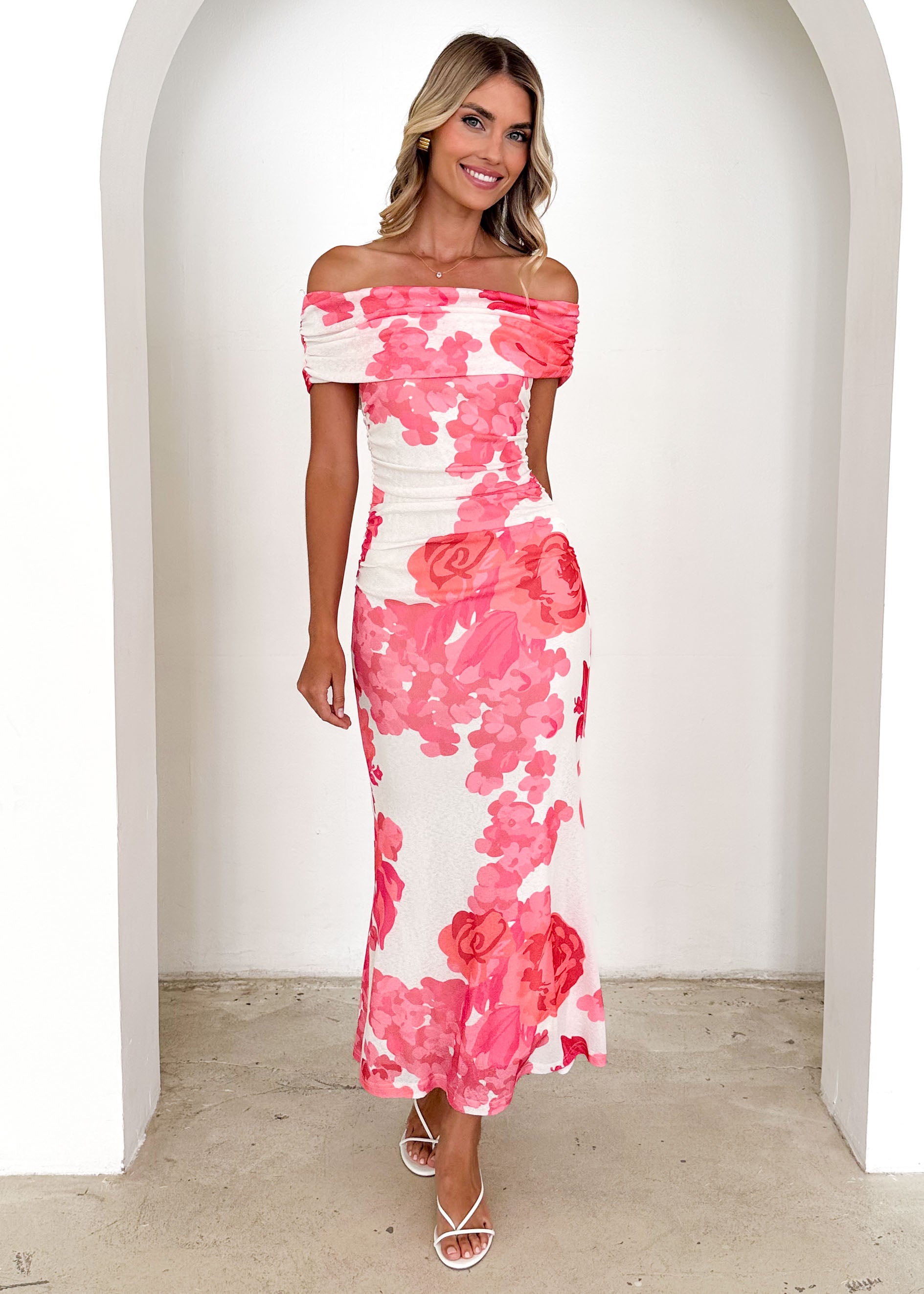 Iris Off Shoulder Mesh Maxi Dress - Hot Pink Floral