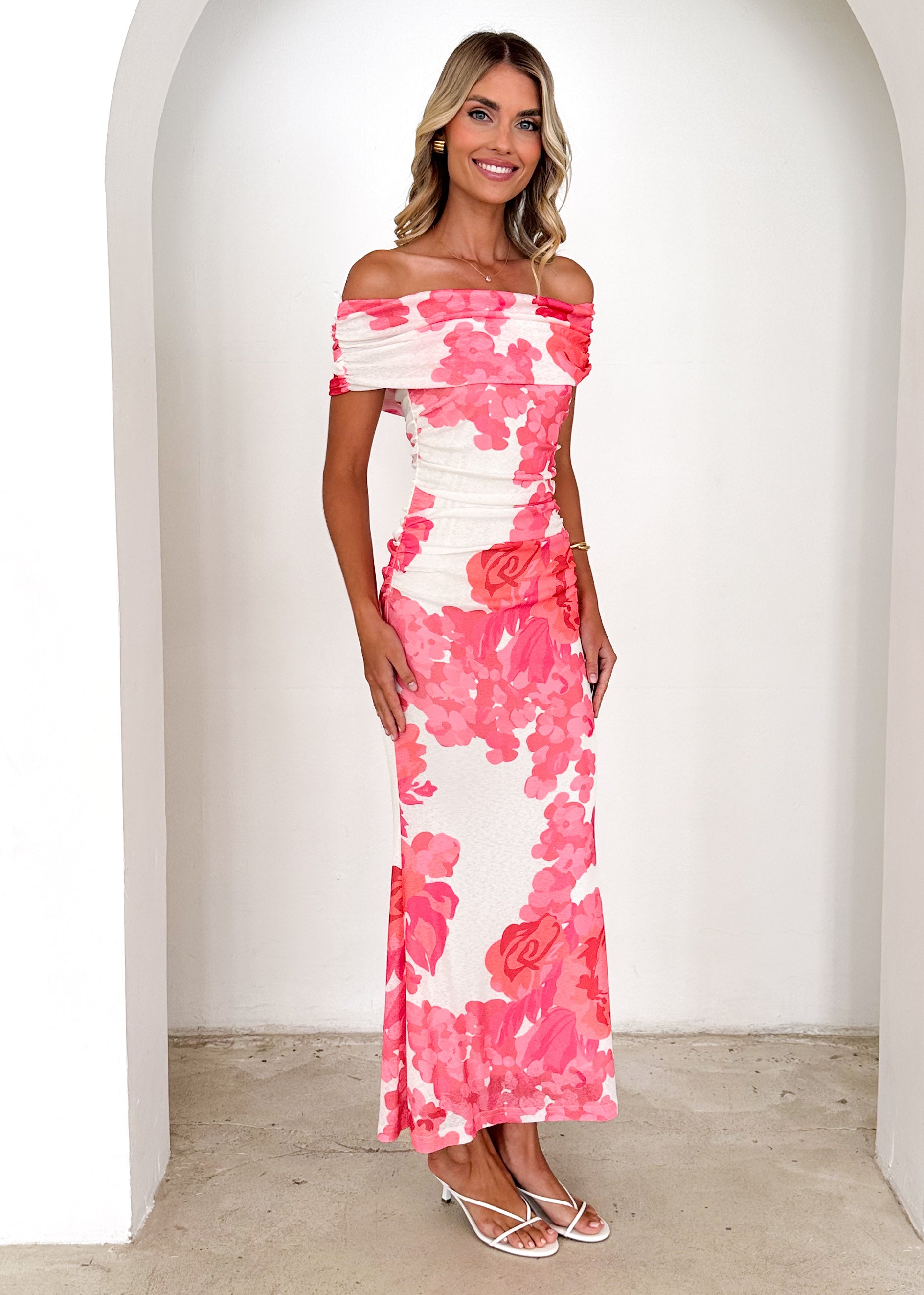 Iris Off Shoulder Mesh Maxi Dress - Hot Pink Floral