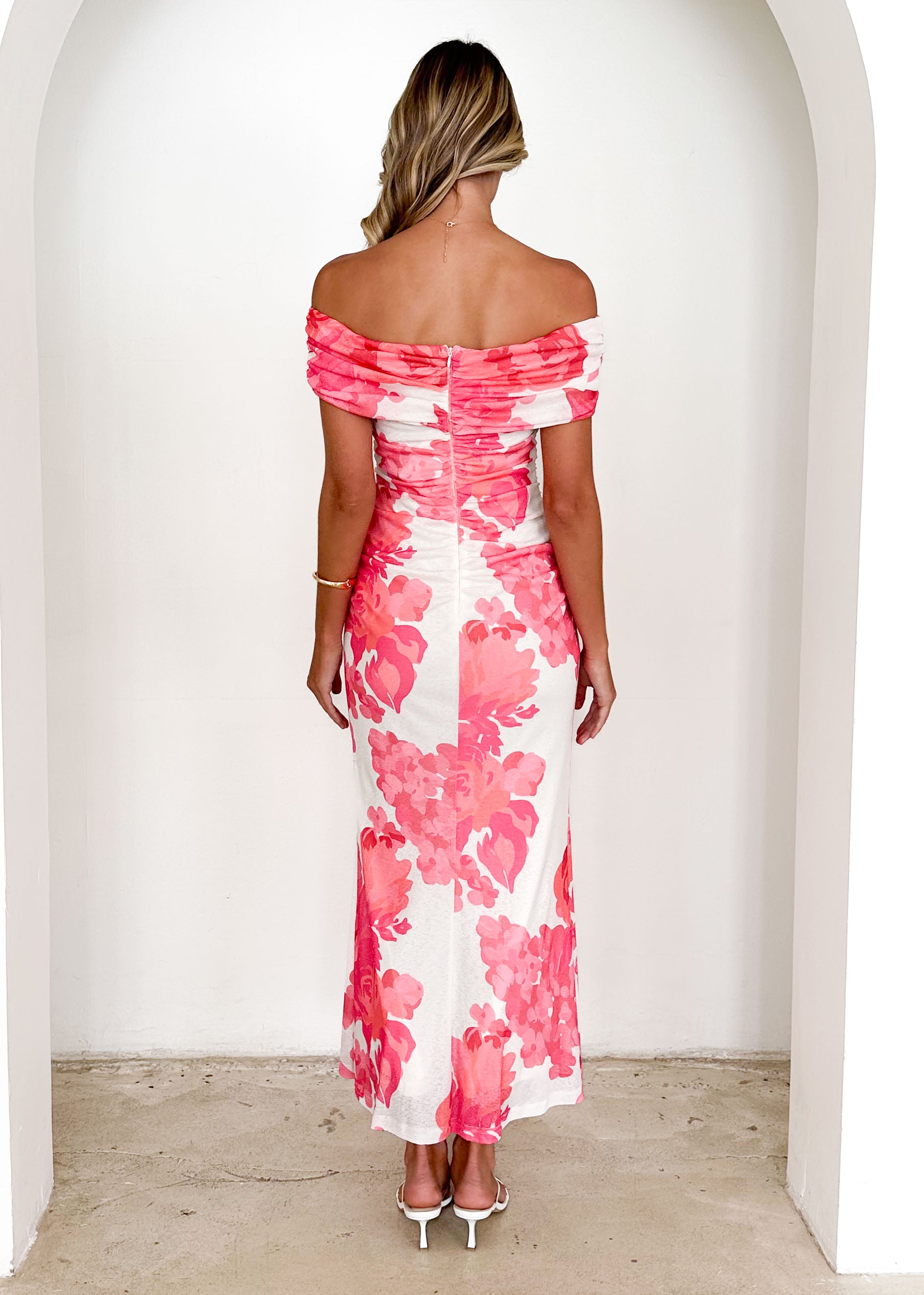 Iris Off Shoulder Mesh Maxi Dress - Hot Pink Floral