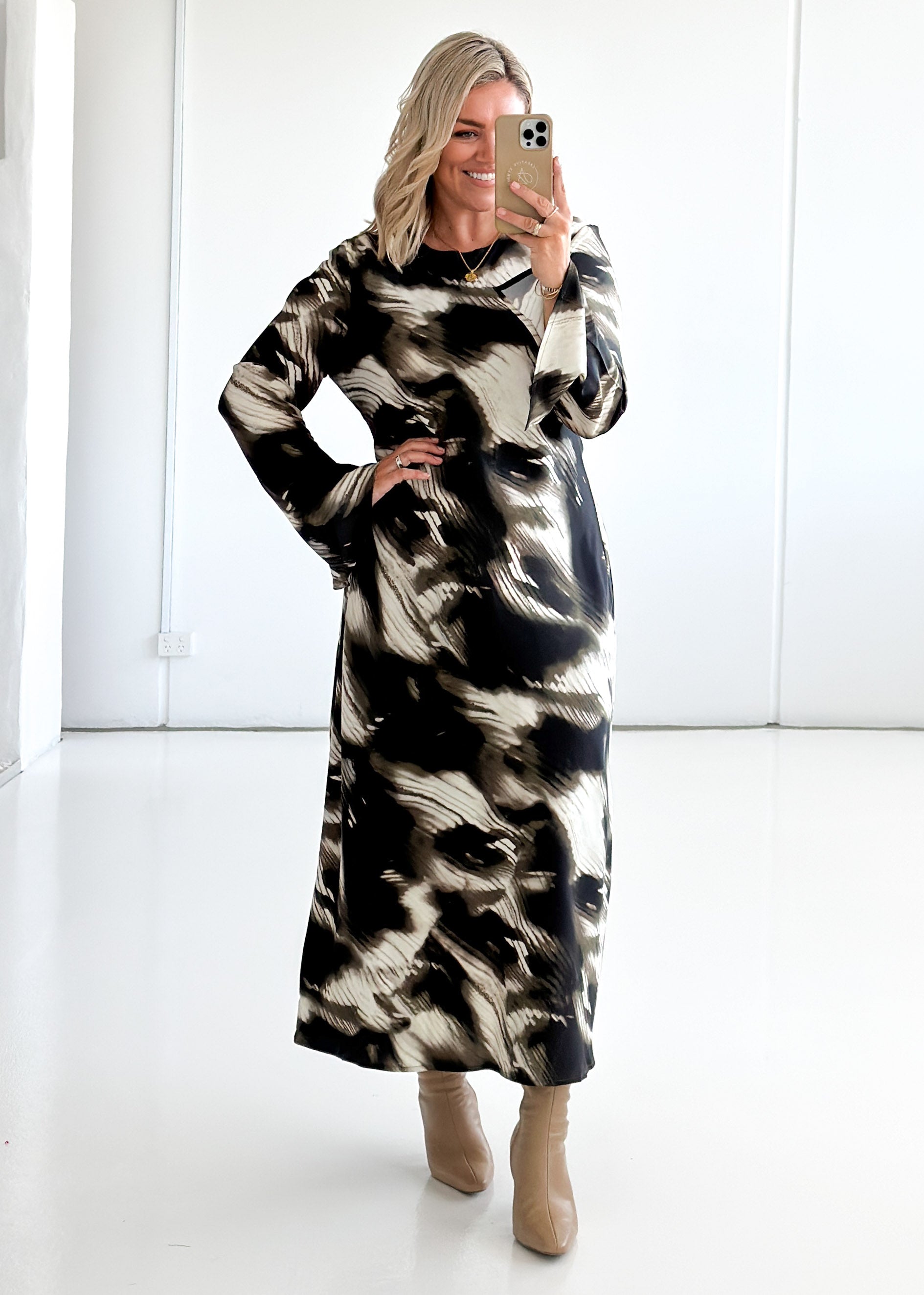 Keaton Maxi Dress - Khaki Abstract