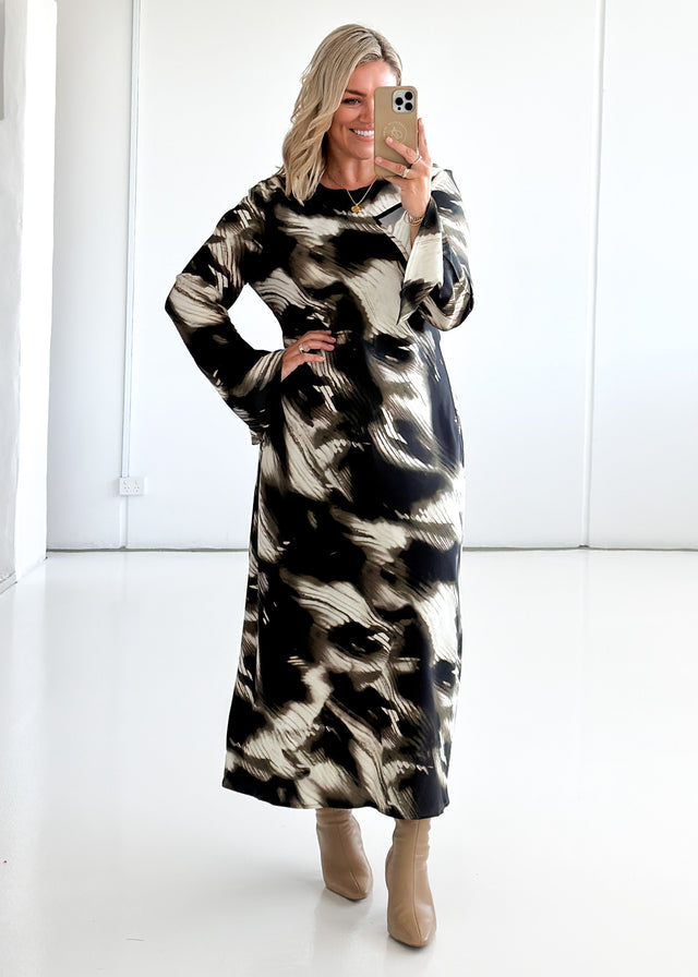 Keaton Maxi Dress - Khaki Abstract