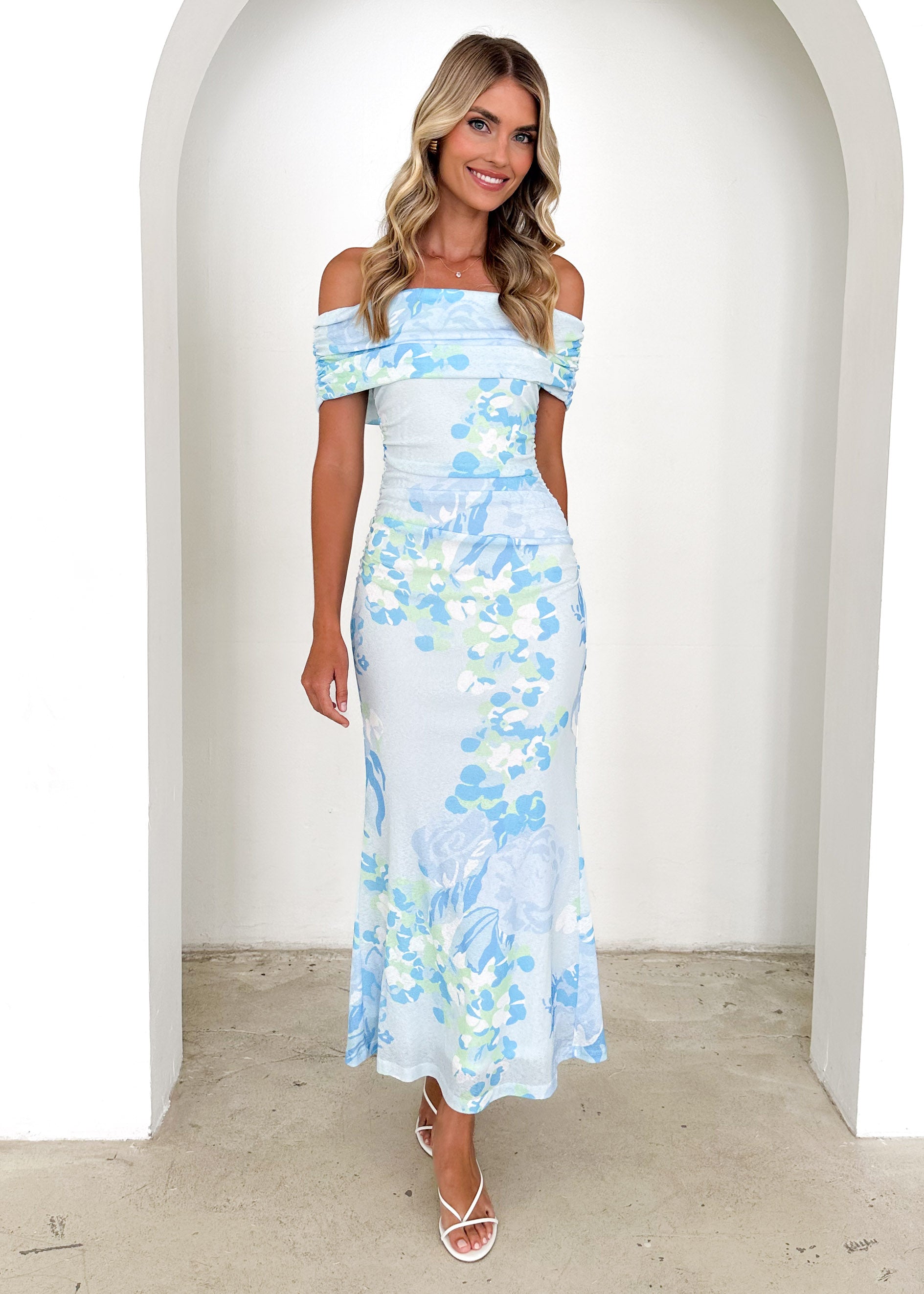 Iris Off Shoulder Mesh Maxi Dress - Blue Floral