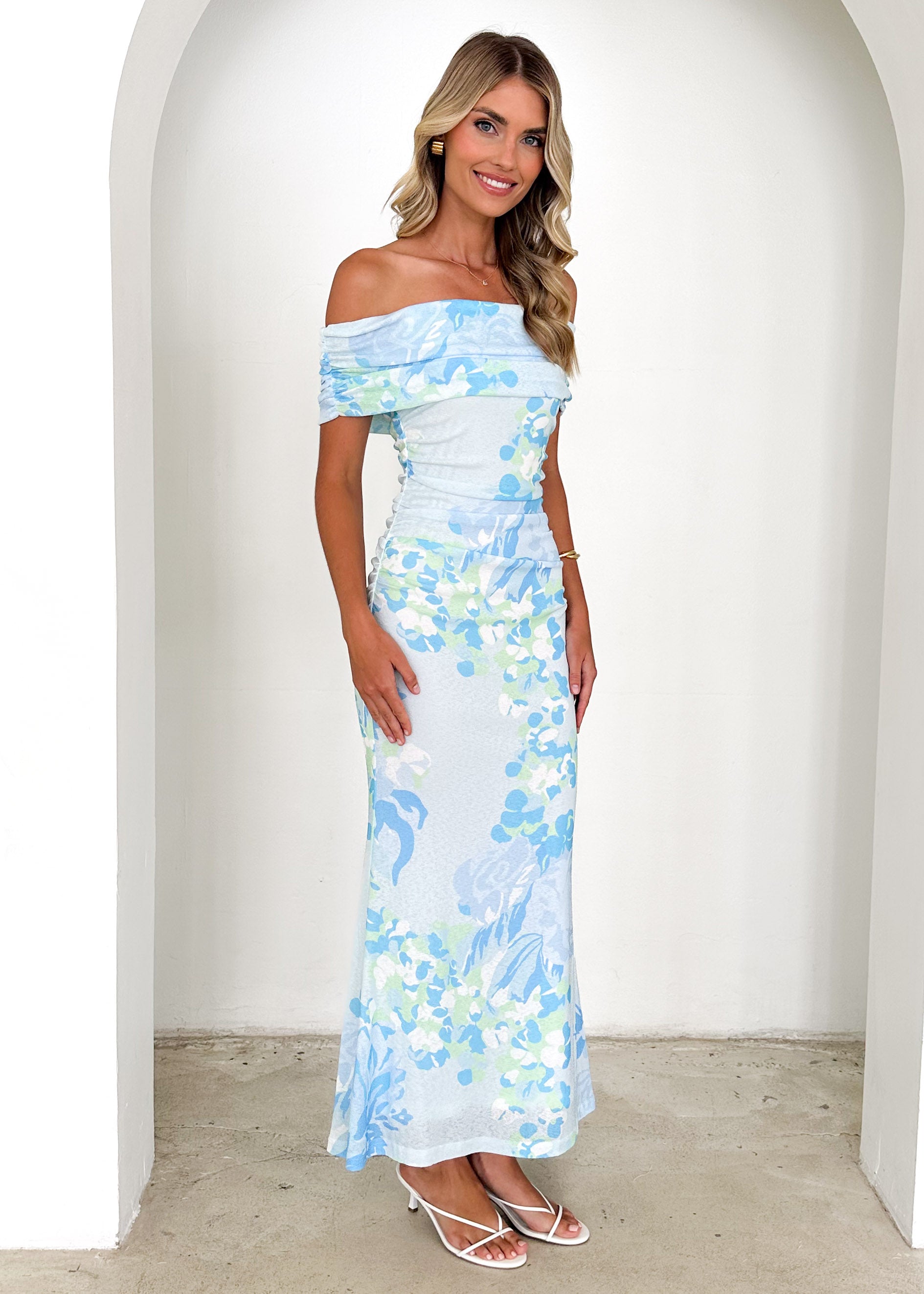 Iris Off Shoulder Mesh Maxi Dress - Blue Floral