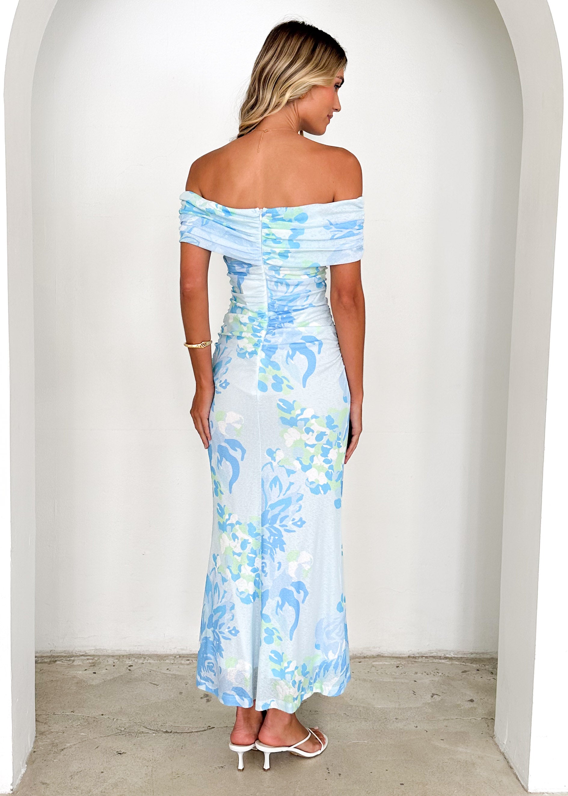 Iris Off Shoulder Mesh Maxi Dress - Blue Floral