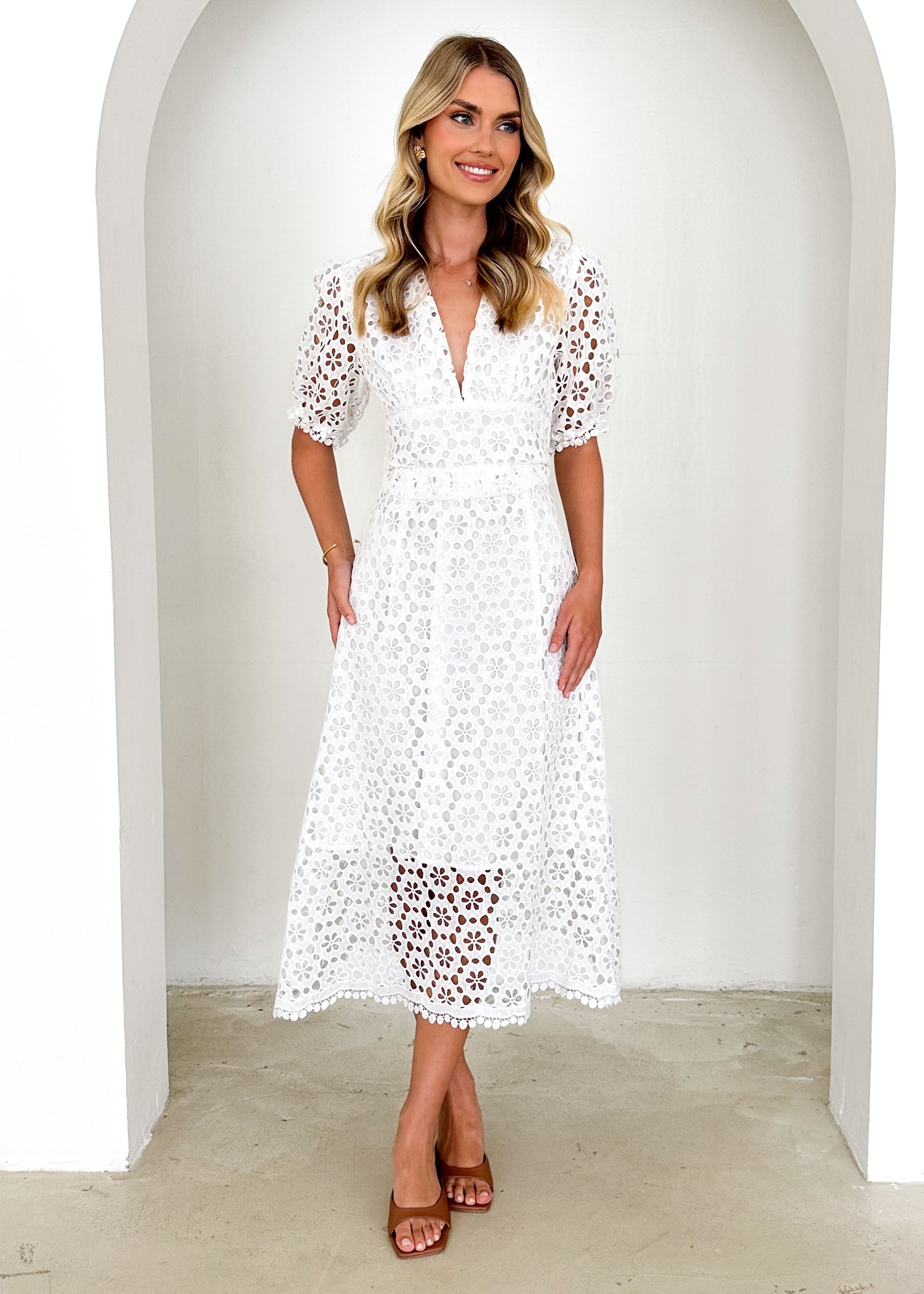 Jahra Lace Midi Dress - Off White