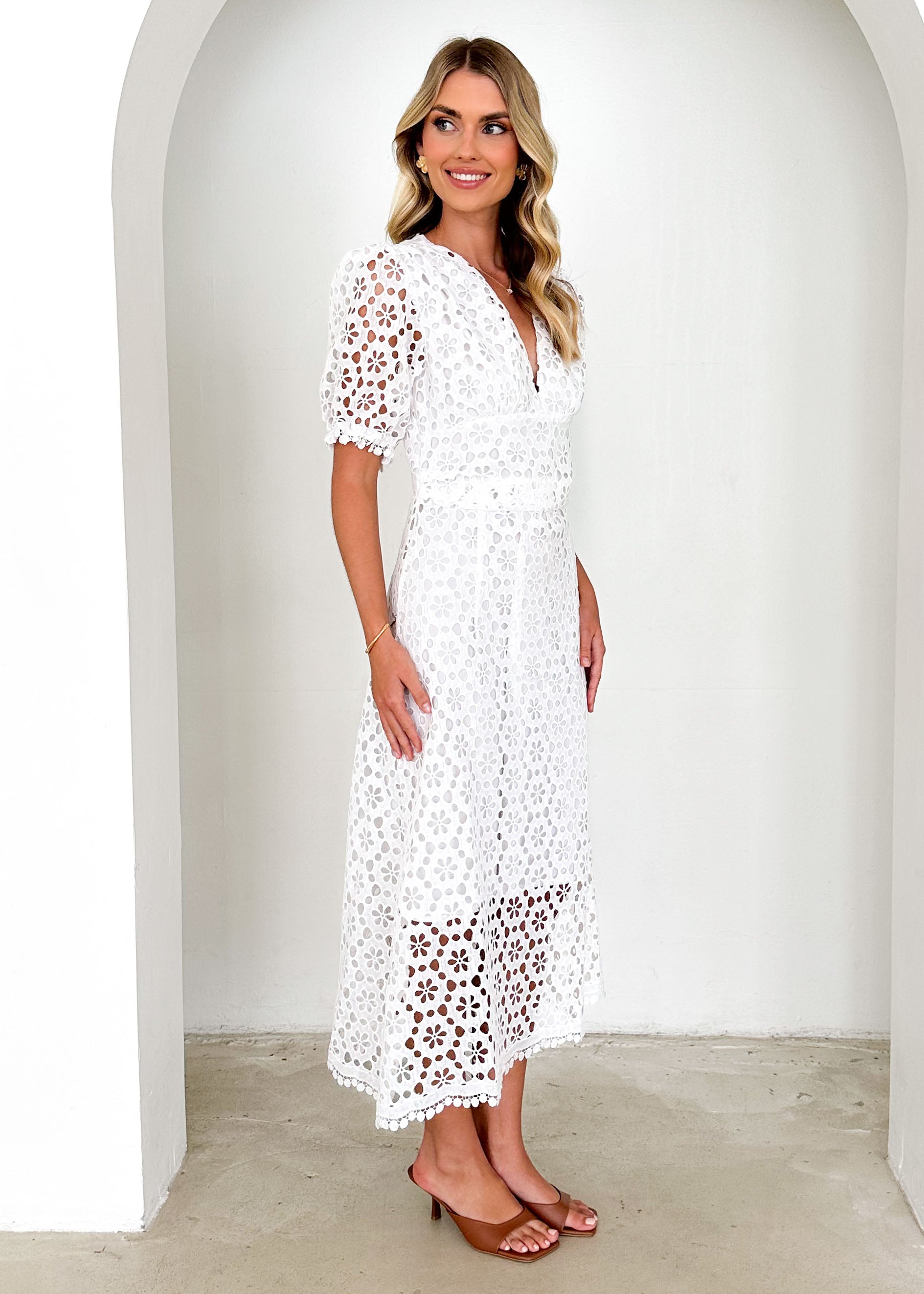 Jahra Lace Midi Dress - Off White