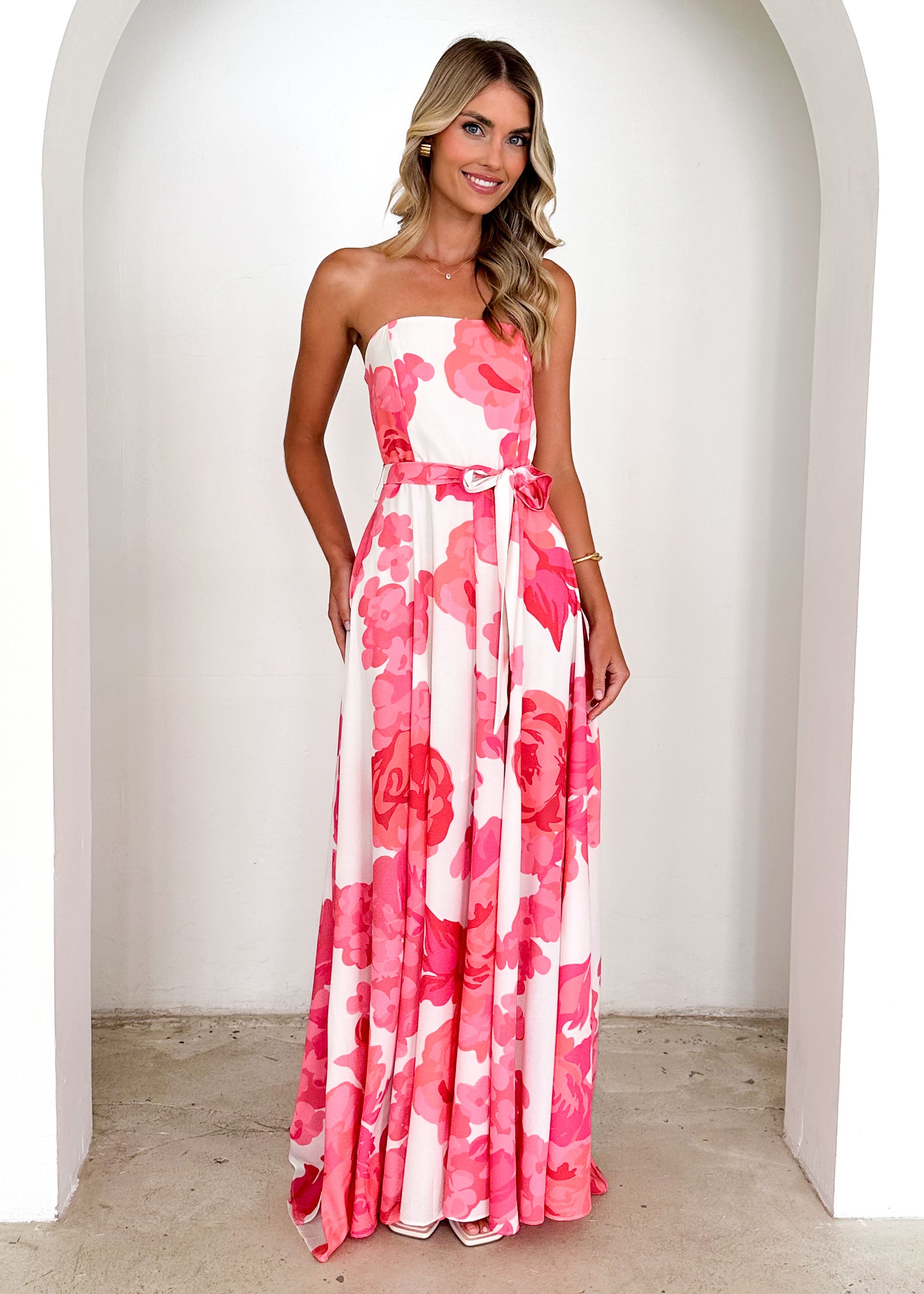 Jorgia Strapless Maxi Dress - Hot Pink Floral