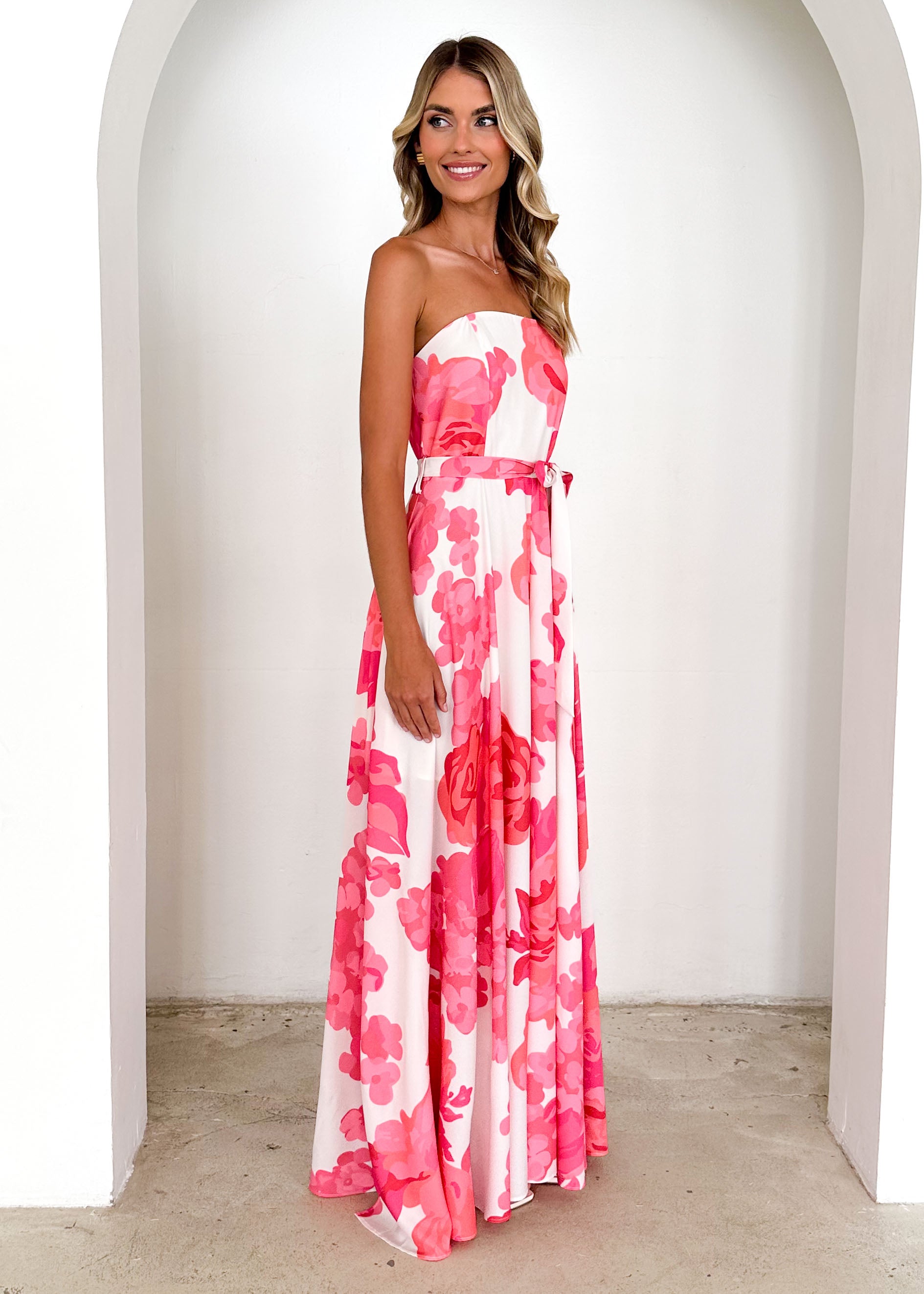 Jorgia Strapless Maxi Dress - Hot Pink Floral