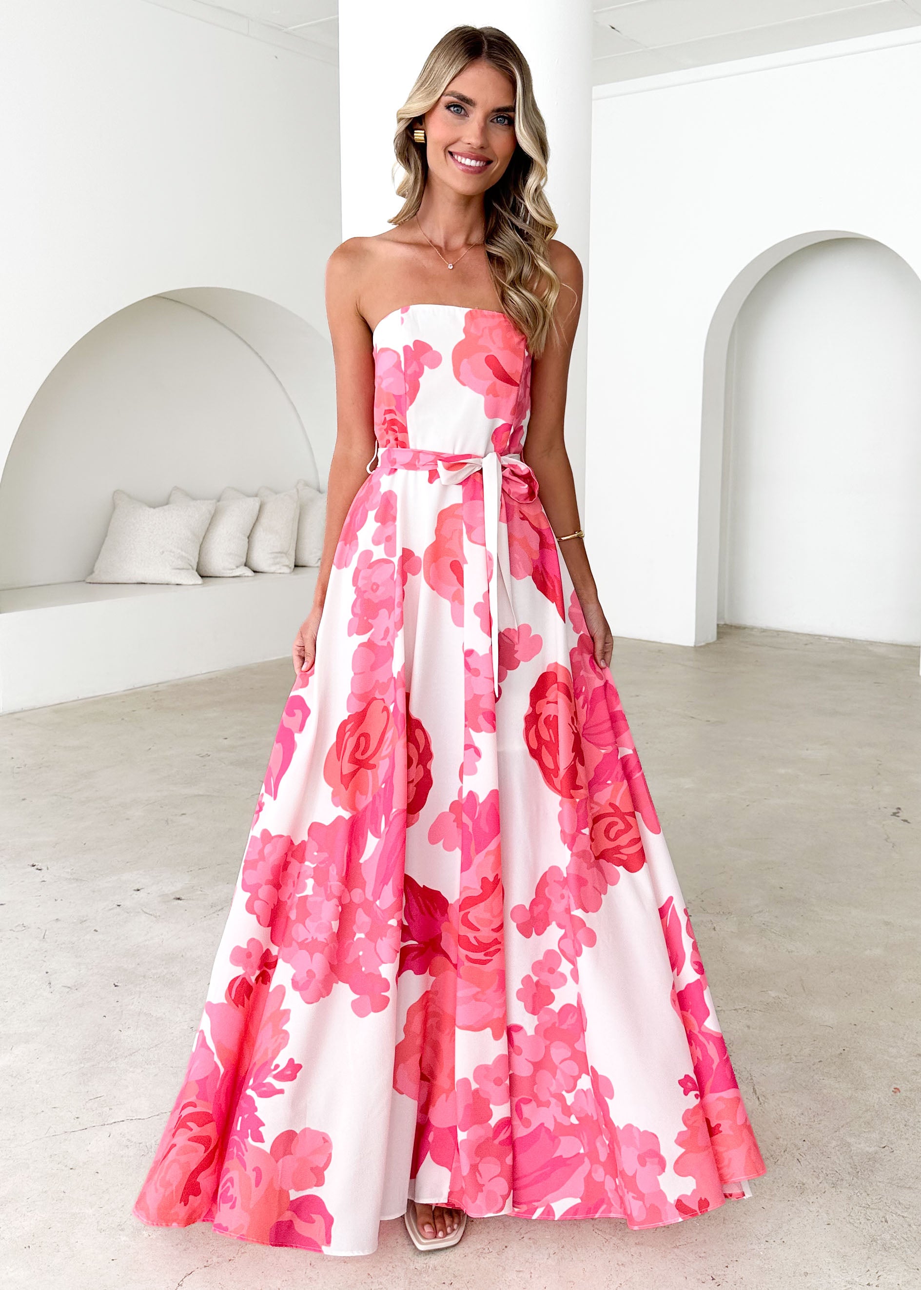 Jorgia Strapless Maxi Dress - Hot Pink Floral