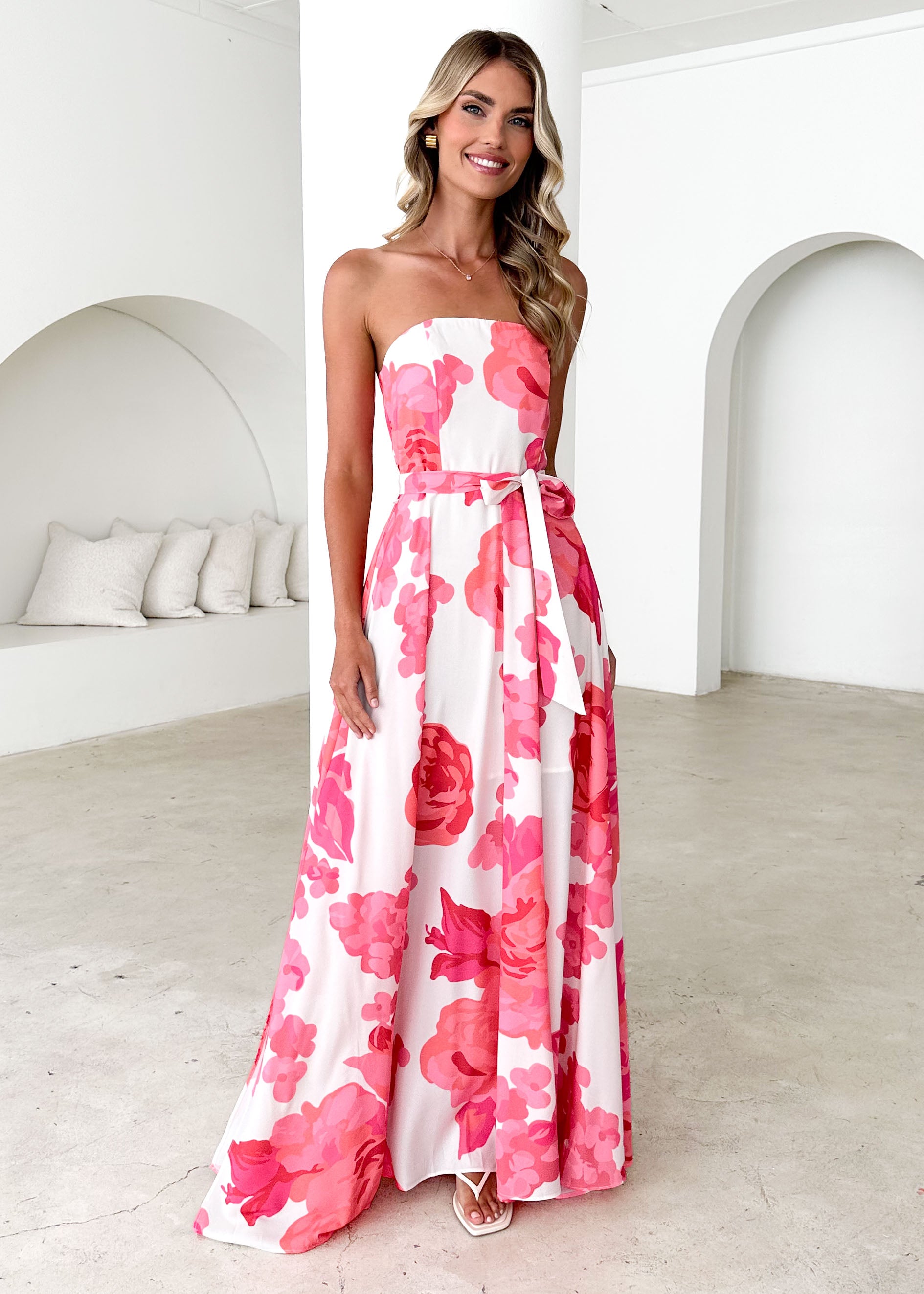 Jorgia Strapless Maxi Dress - Hot Pink Floral